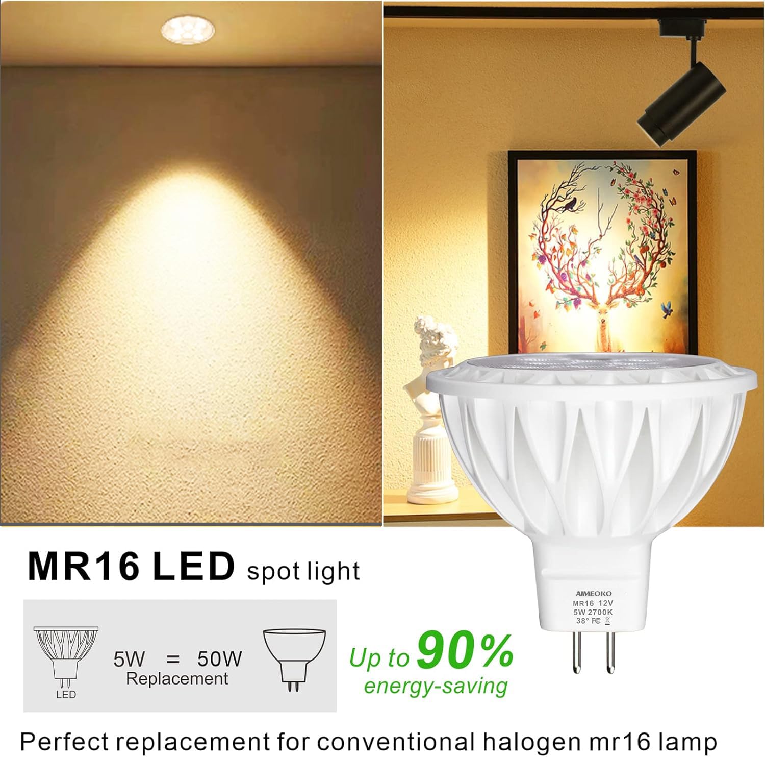 Aimeoko Mr16 Led Bulb Light Bulbs 6 Pack, 5W (50W Halogen Equivalent) 2700K Warm White Gu5.3 Base 12V Spotlight Non-Dimmable 38