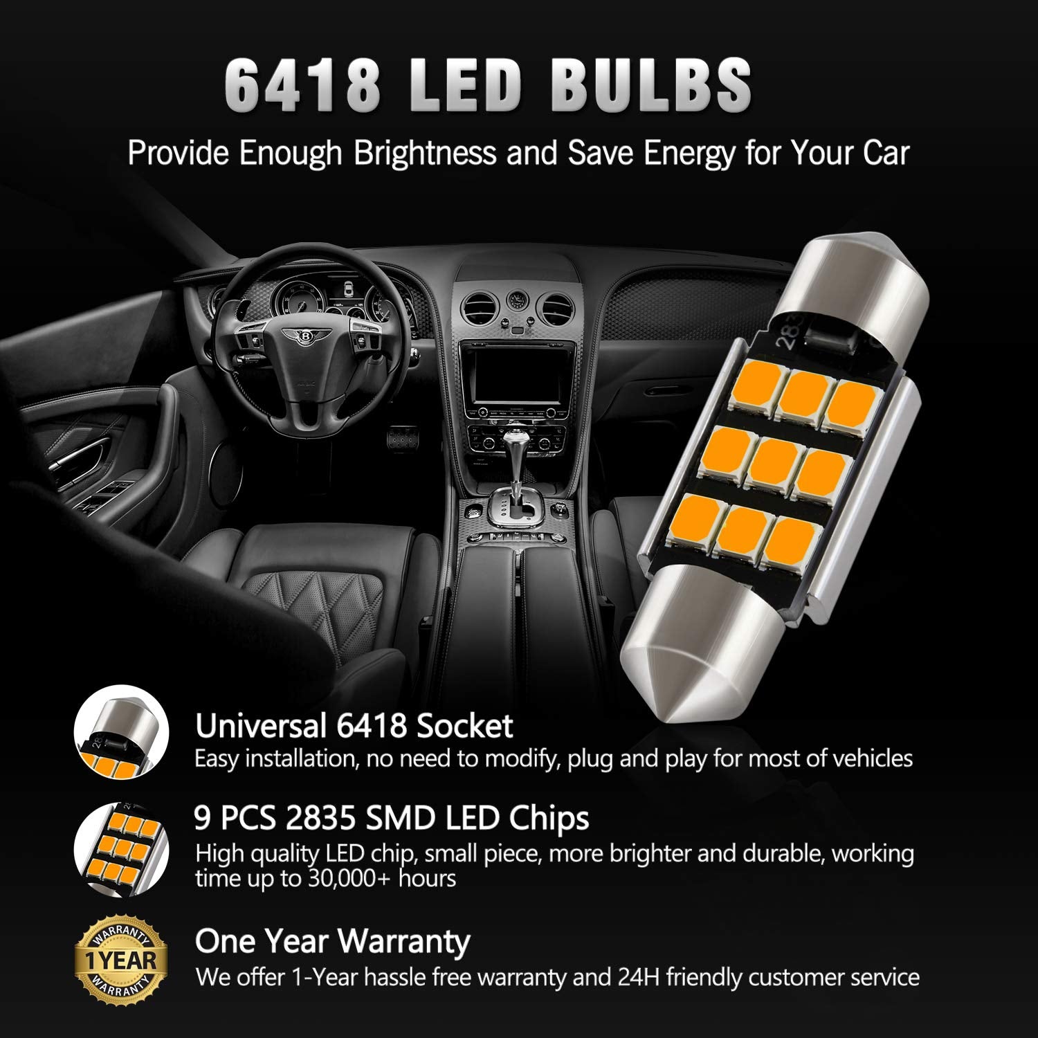 Brishine 6418 Led Bulbs, Super Bright Amber Yellow 2835 Chipsets Canbus Error Free 36Mm 1.5    Festoon 6411 6461 De3425 C5W Led