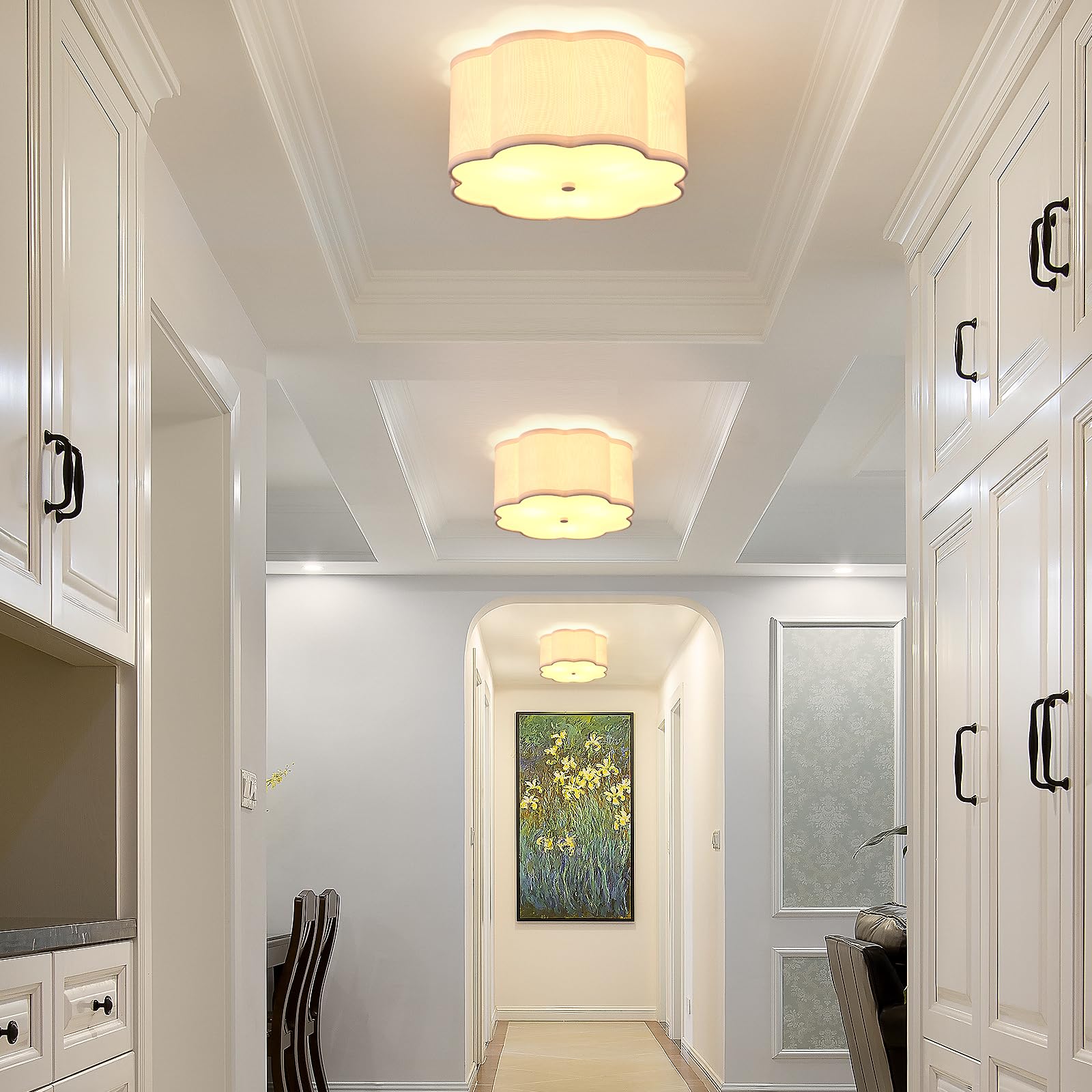 Widluth Modern Drum Semi Flush Mount Ceiling Light Fixture Modern 12.99” White 3-Lights Drum Ceiling Lighting Vintage Linen Ceiling Lamp For Kitchen, Basement, Dining Room, Bedroom, Laundry Room