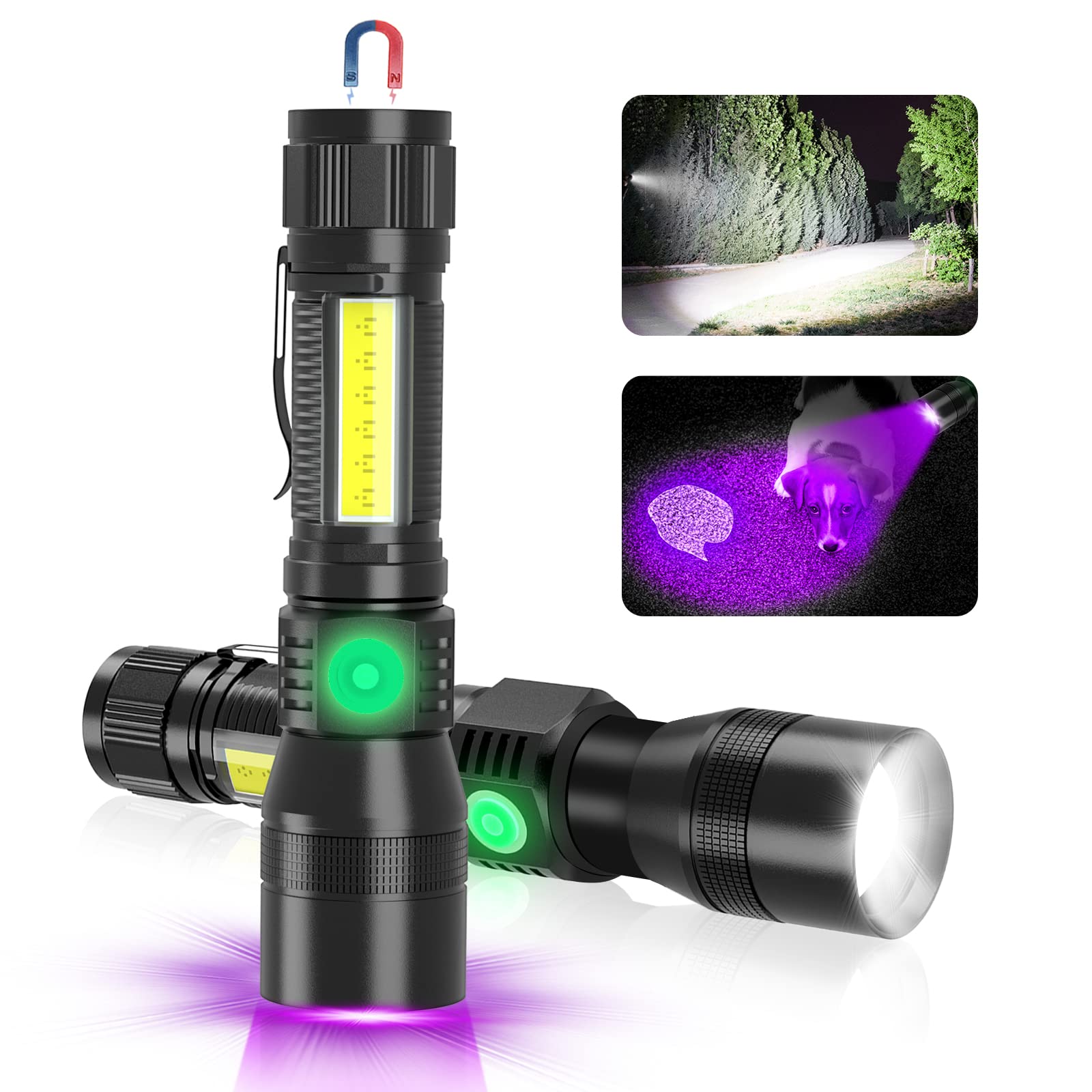 Vnina UV Rechargeable Flashlights, 1000 High Lumens, 3-in-1 LED, Magnetic Base, Pocket Size, Black, Model UV-S016, 2PCS