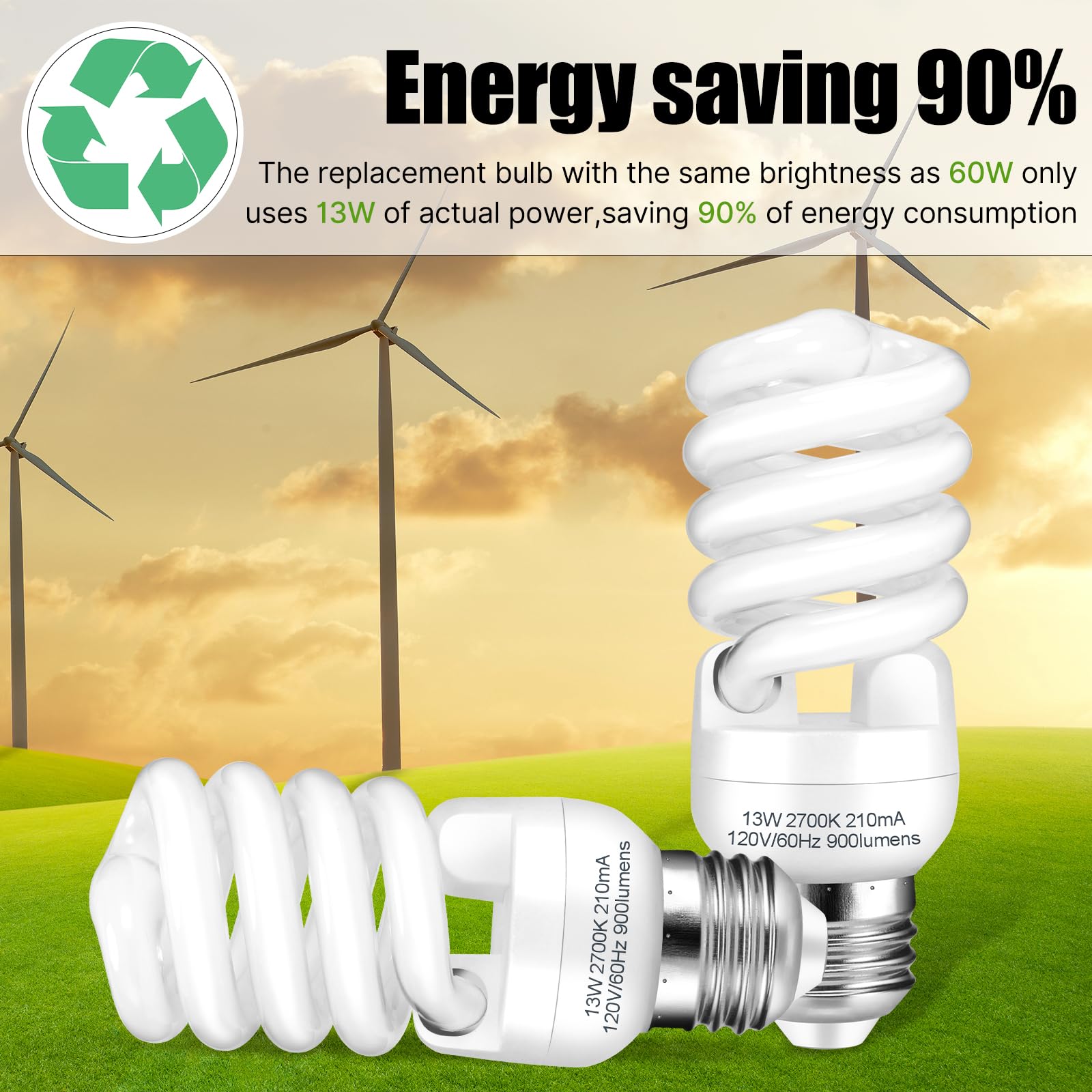 Barfelty E26 CFL Light Bulbs 13W, Soft White 2700K, 900lm, Pack of 12, Glass, UL Approved