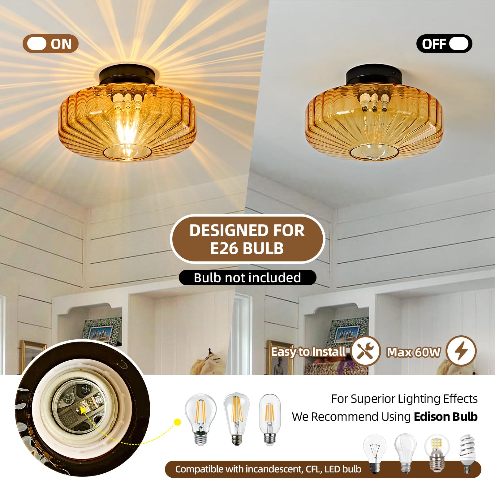 Glass Semi Flush Ceiling Lights - 12 In Vintage Mid Century Modern Lighting Fixture - Drum Unique Art Deco Amber Mount Light Fixtures For Hallway Entry Way Hall Kitchen Dining Laundry Room Foyer Porch