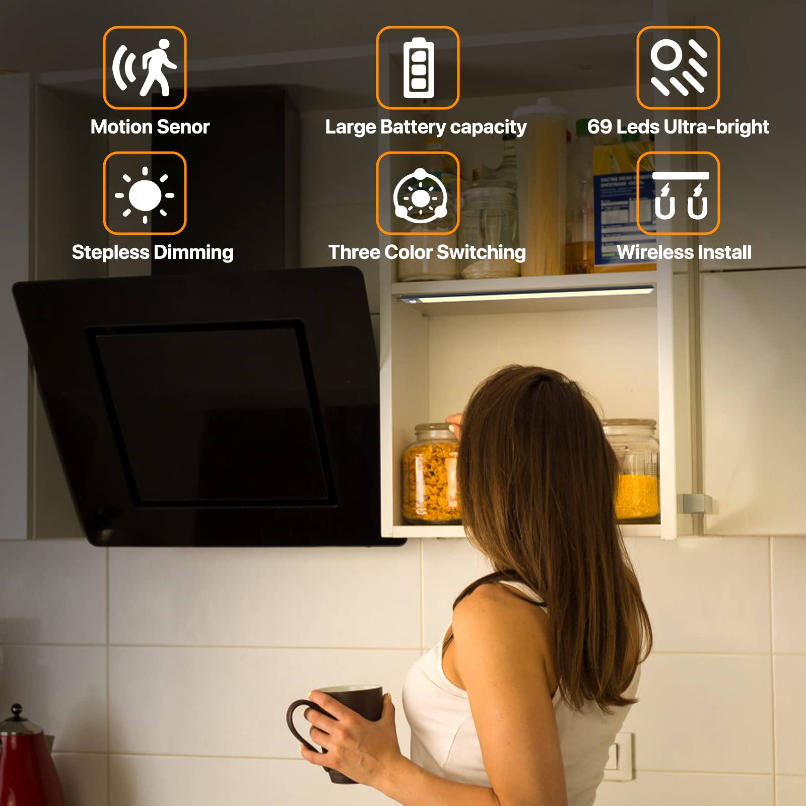 Colijoy 69 Led Under Cabinet Lights 4 Packs, 3 Color Dimmable Motion Sensor Closet Lights, 3000Mah Rechargeable Under Counter Lights, Wireless Battery Operated Lights Indoor