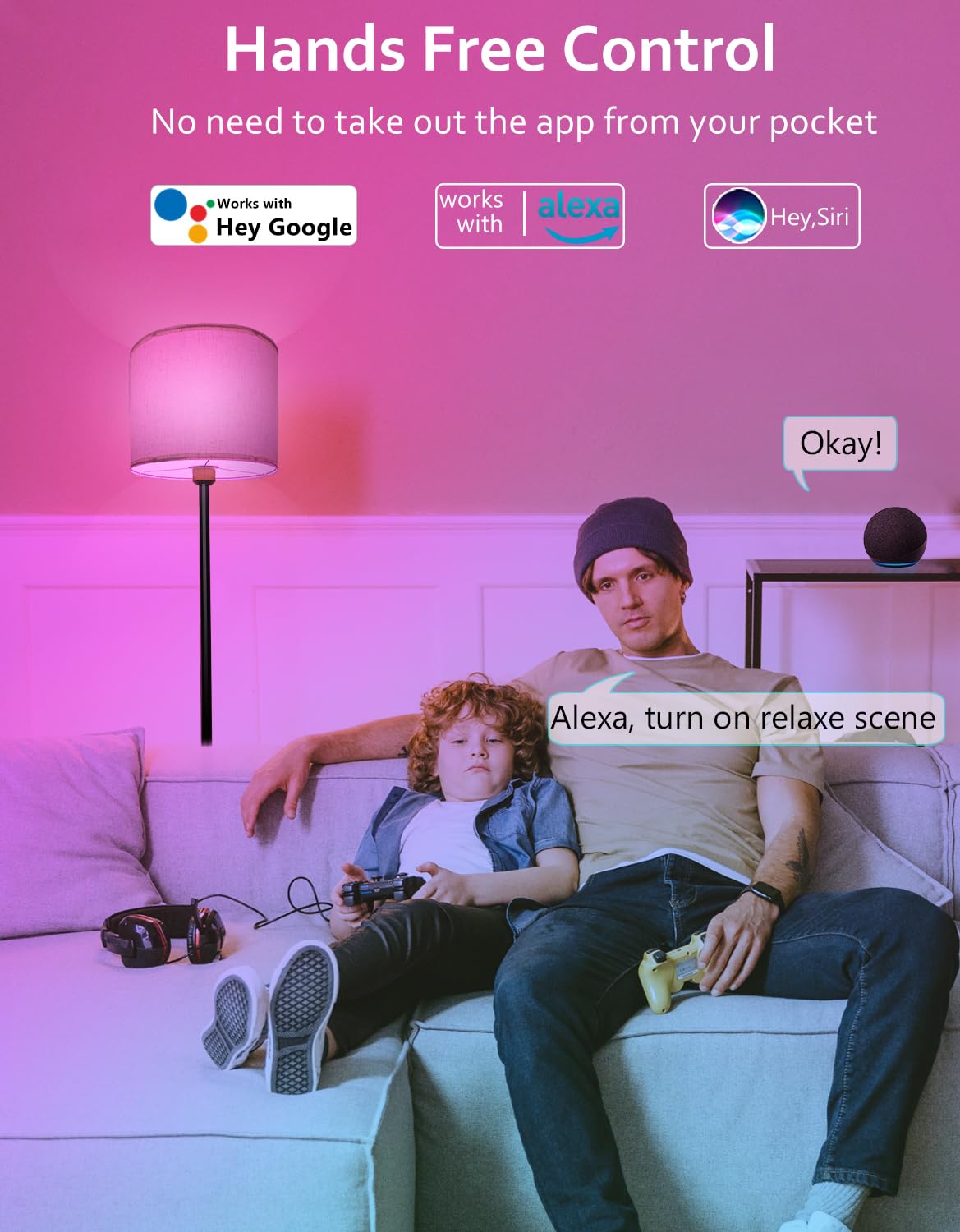 Yhw Smart Floor Lamp - White Linen Shade, Led, Color Changing, Alexa & Google Compatible