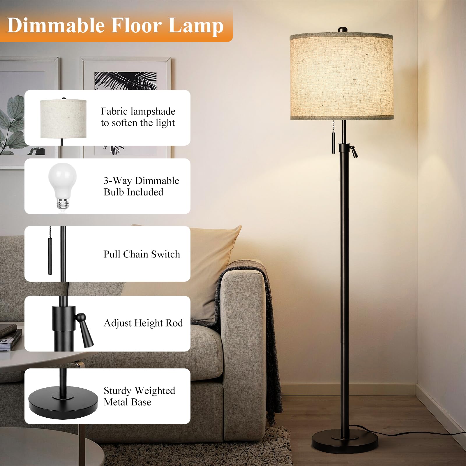 Adjustable Height Floor Lamp For Living Room, Black Standing Lamp, Floor Lamp For Bedroom Office, Modern Tall Floor Lamp With Li