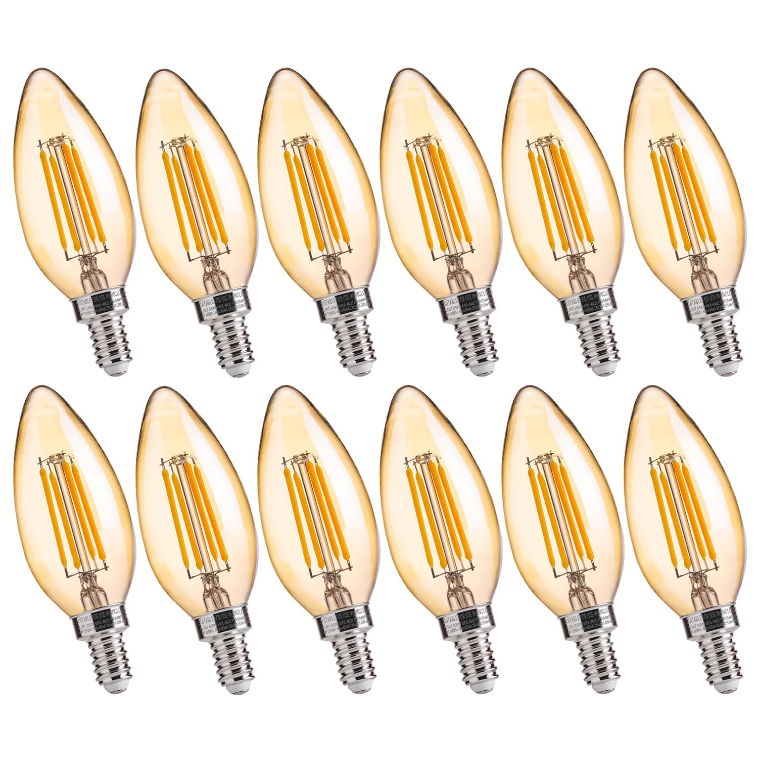 FLSNT LED Candelabra Light Bulbs, 40W Equivalent, Dimmable, 2200K Warm White, 12 Pack, Amber Glass
