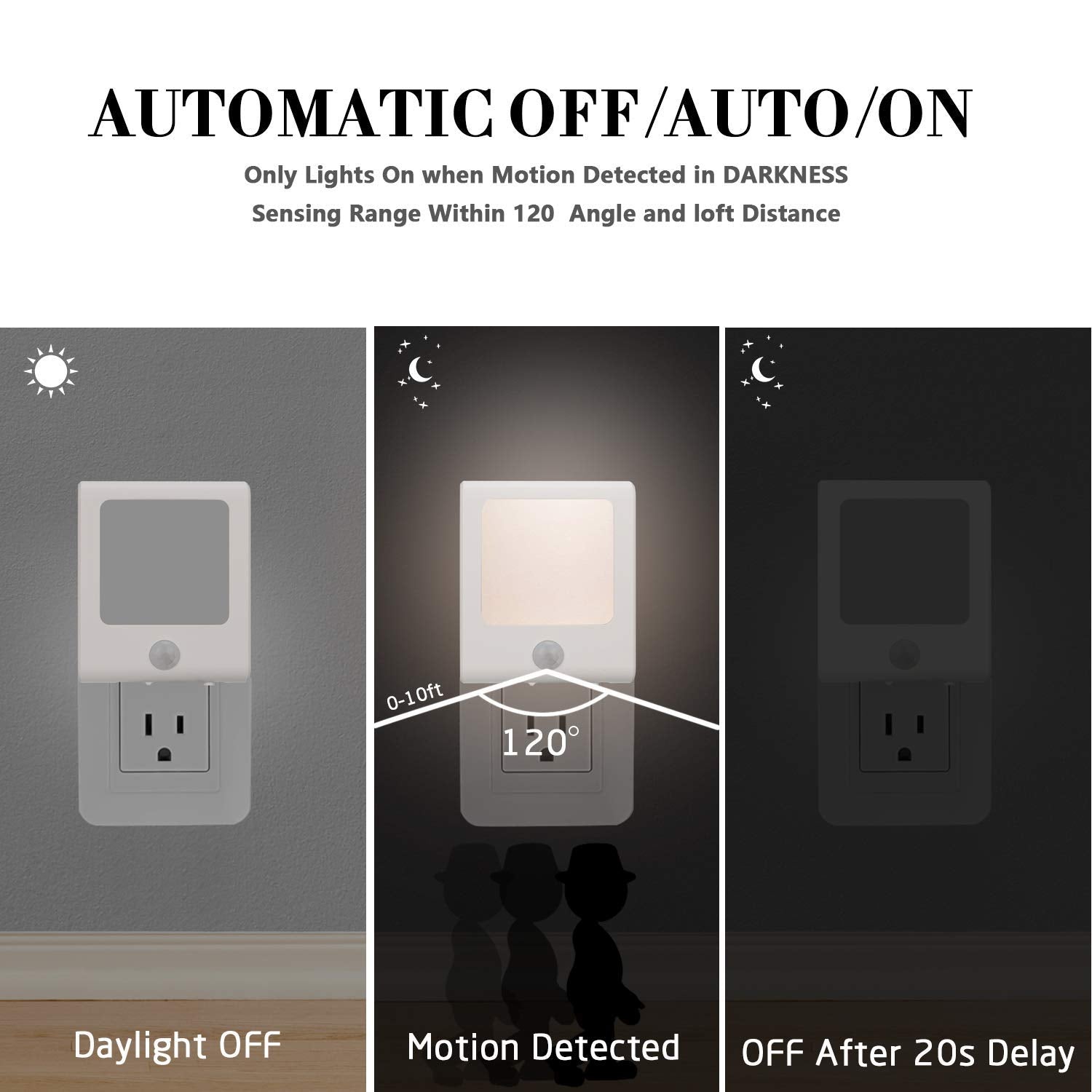 VINTAR Motion Sensor LED Night Light, Dimmable, Auto Dusk to Dawn, 3 Pack, Warm White