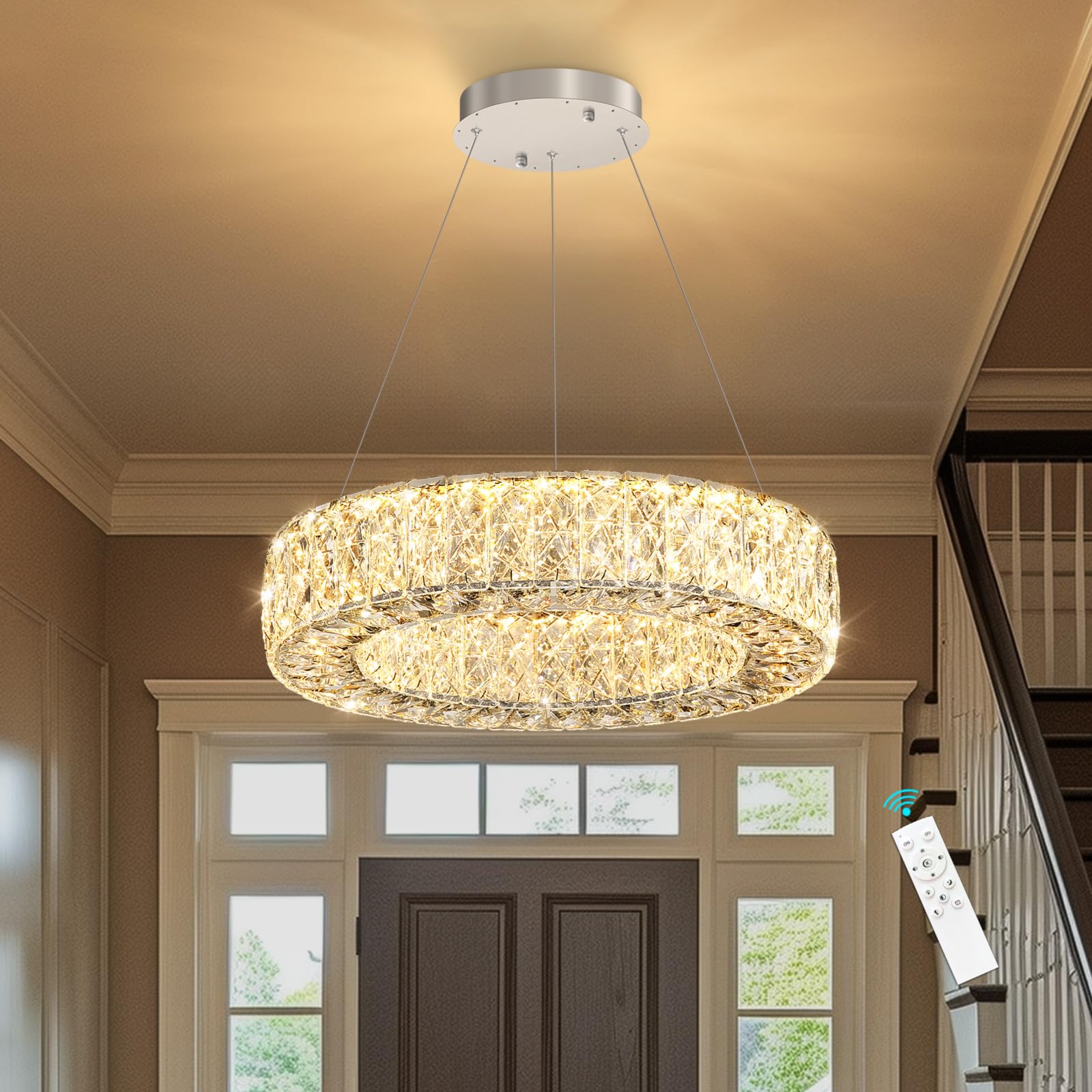 YLKP 16 Inch Chandelier Glam Dimmable LED Crystal Chandeliers Elegant Round Pendant Lighting Fixtures for Dining Room Bedrooms Silver