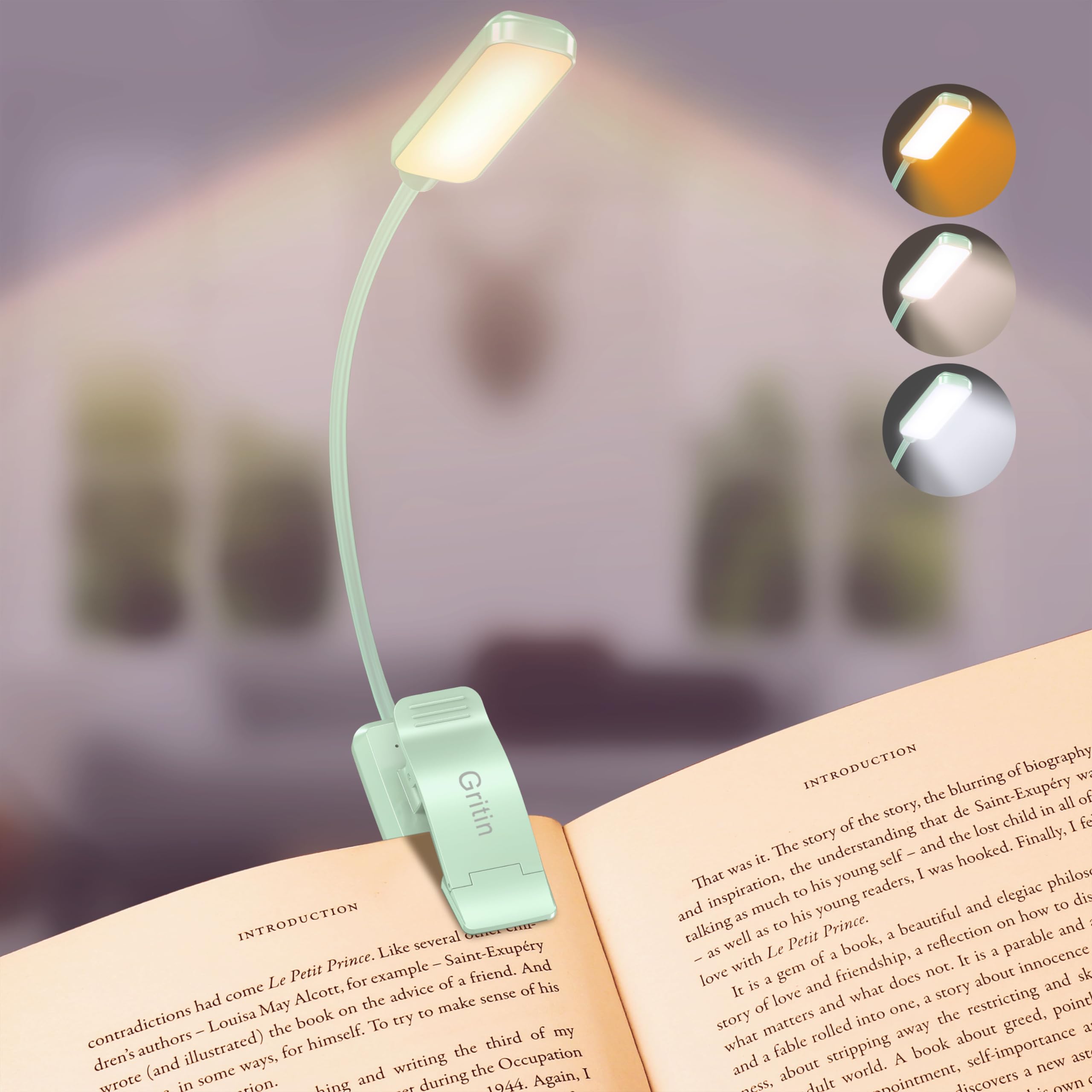 Gritin 9 LED Rechargeable Book Light - Eye Caring, 3 Color Temperatures, Stepless Dimming, Small, Clip On, Cyan, Model G1330
