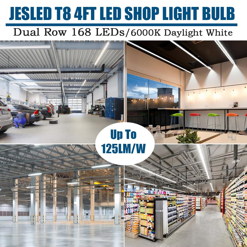 JESLED T8 LED 4FT Light Bulbs, 24W (65W Equivalent), 3000LM, 6000K Bright White, Plug and Play/Ballast Bypass