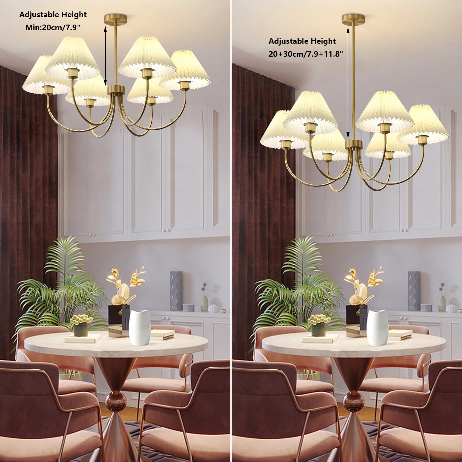 Kco Lighting Vintage Wrinkled Chandelier White Pleated Fabric Pendant Light Modern Gold Sputnik Chandelier 6-Lights Flush Mount
