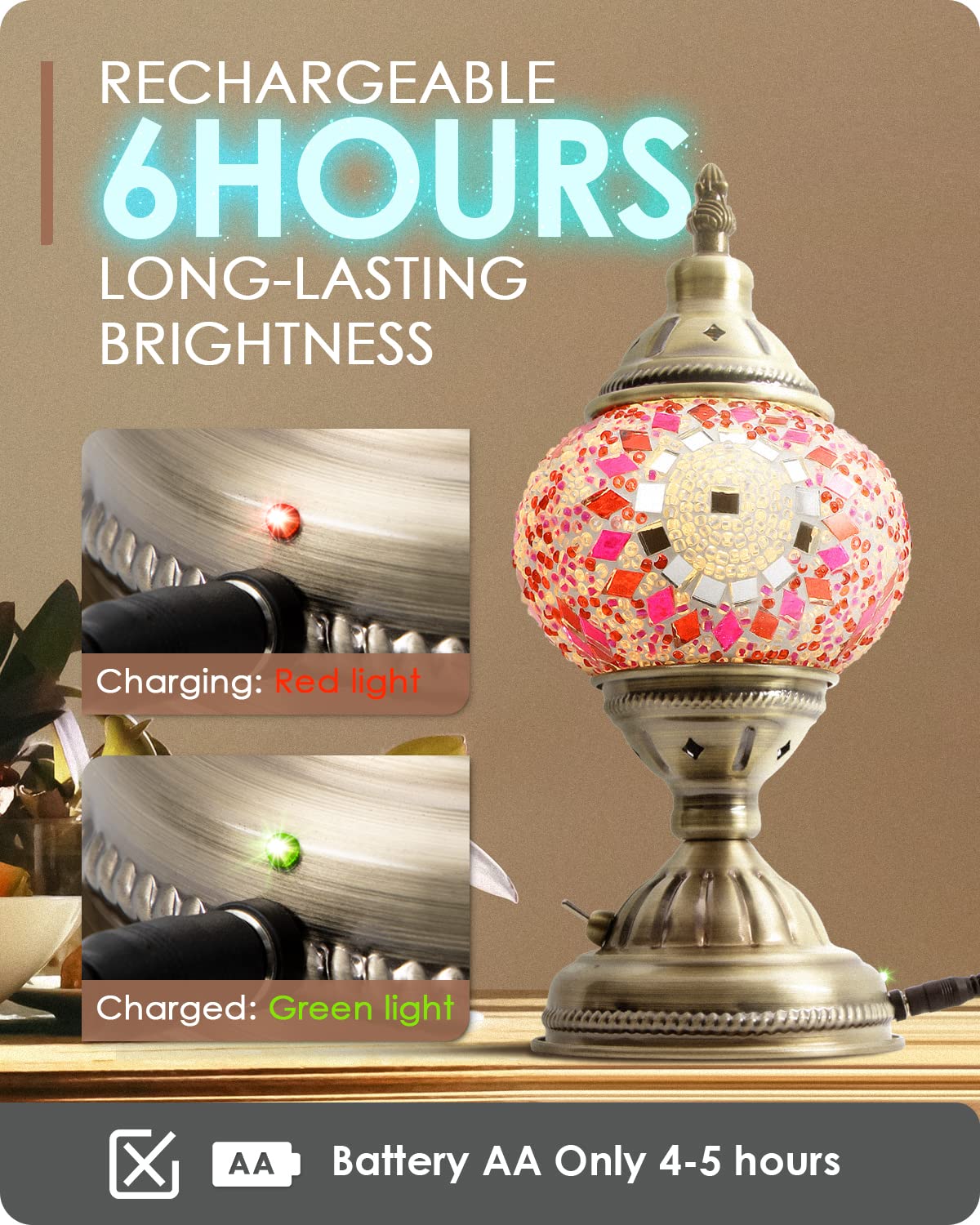Yarra-Decor Moroccan Lamp - Handmade Tiffany Mosaic Glass, Red1, Portable Bedside, Rechargeable Battery 2000mAh, LED Bulb Included
