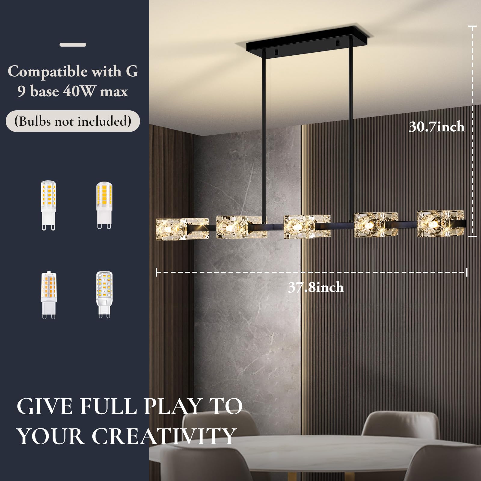 10-Light Dining Room Light Fixture, Black Modern Chandelier With Crystal Cube Shade, Industrial Pendant Light Fixtures For Livin