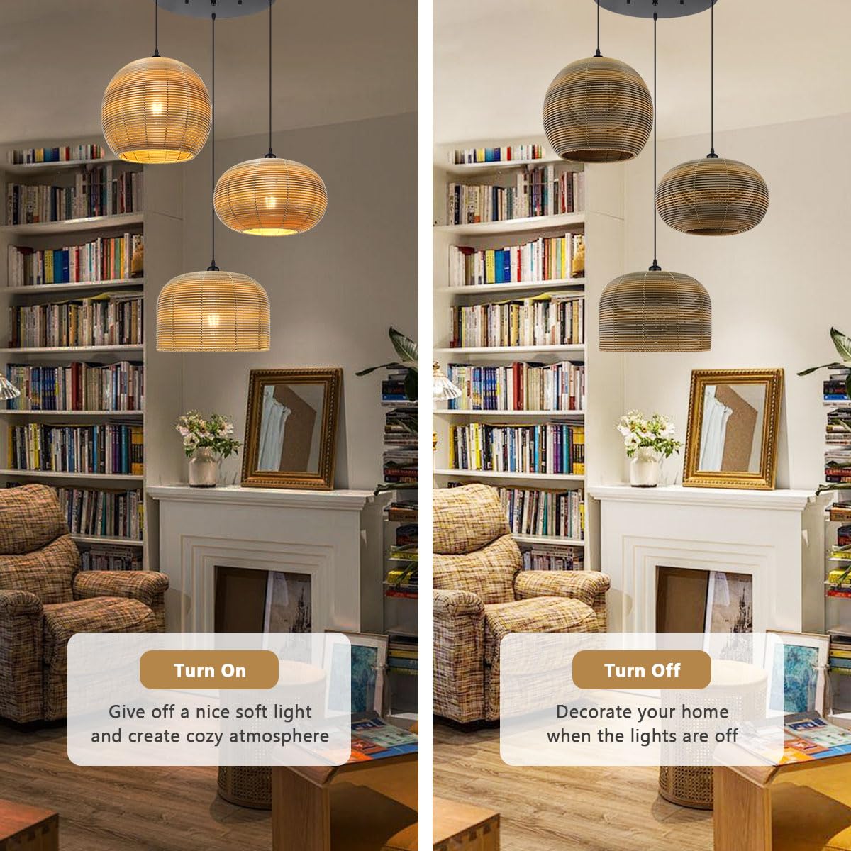 Aoodu Rattan Pendant Light Large Hand Woven Chandelier 3-Lights Boho Pendant Light Fixture Woven Basket Wicker Shade Farmhouse R