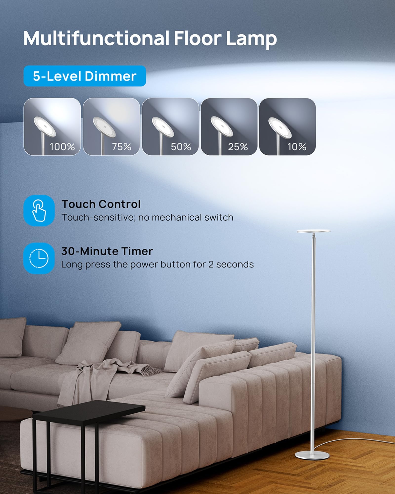 TROND LED Torchiere Floor Lamp, Dimmable 71" Adjustable Height, 5500K Daylight Silver, Compatible with Wall Switch, Model Halo X