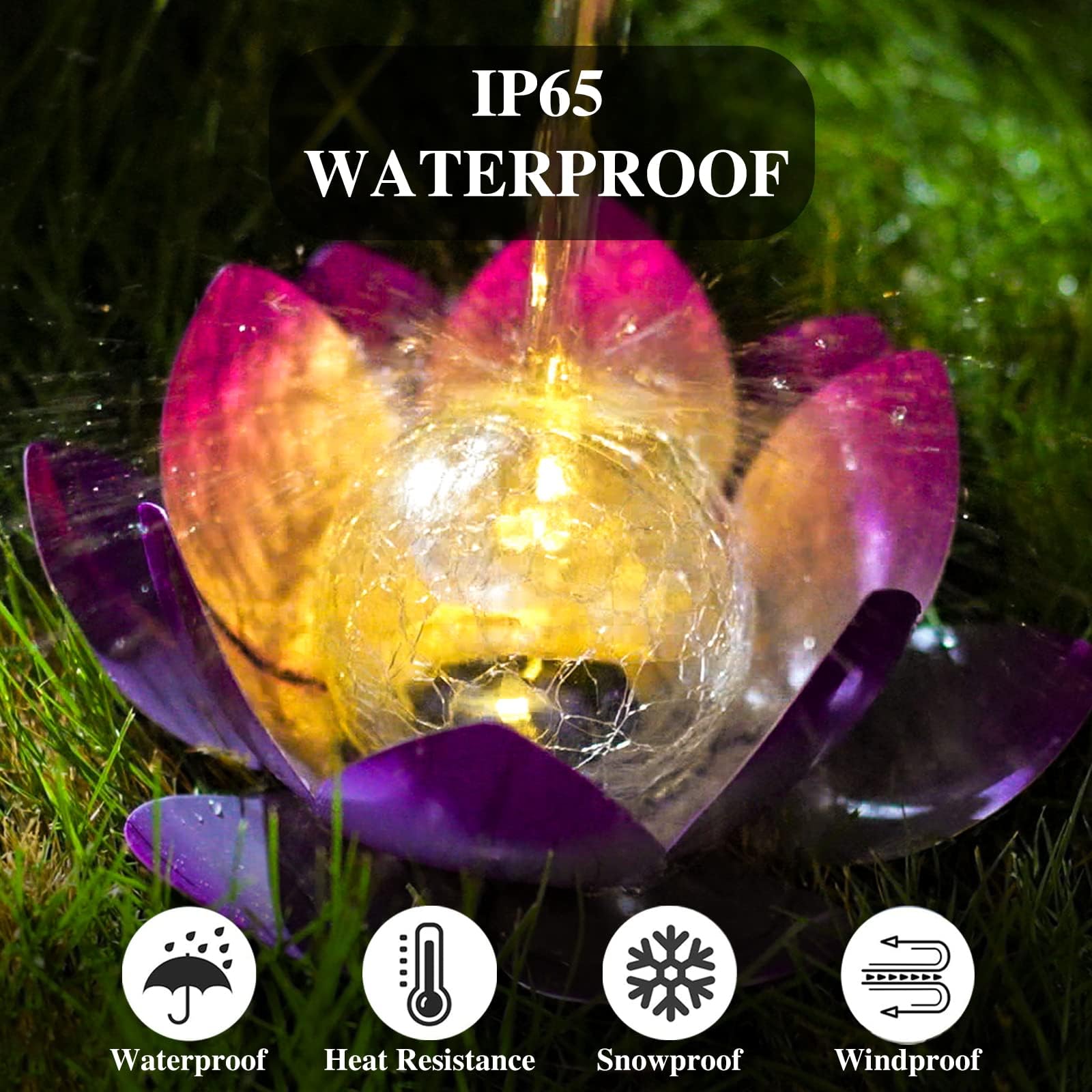 Aiiny Solar Light Outdoor(2Pack), Art Crackle Globe Glass Lotus Decoration, Solar Led Waterproof Purple Metal Flower Lights For