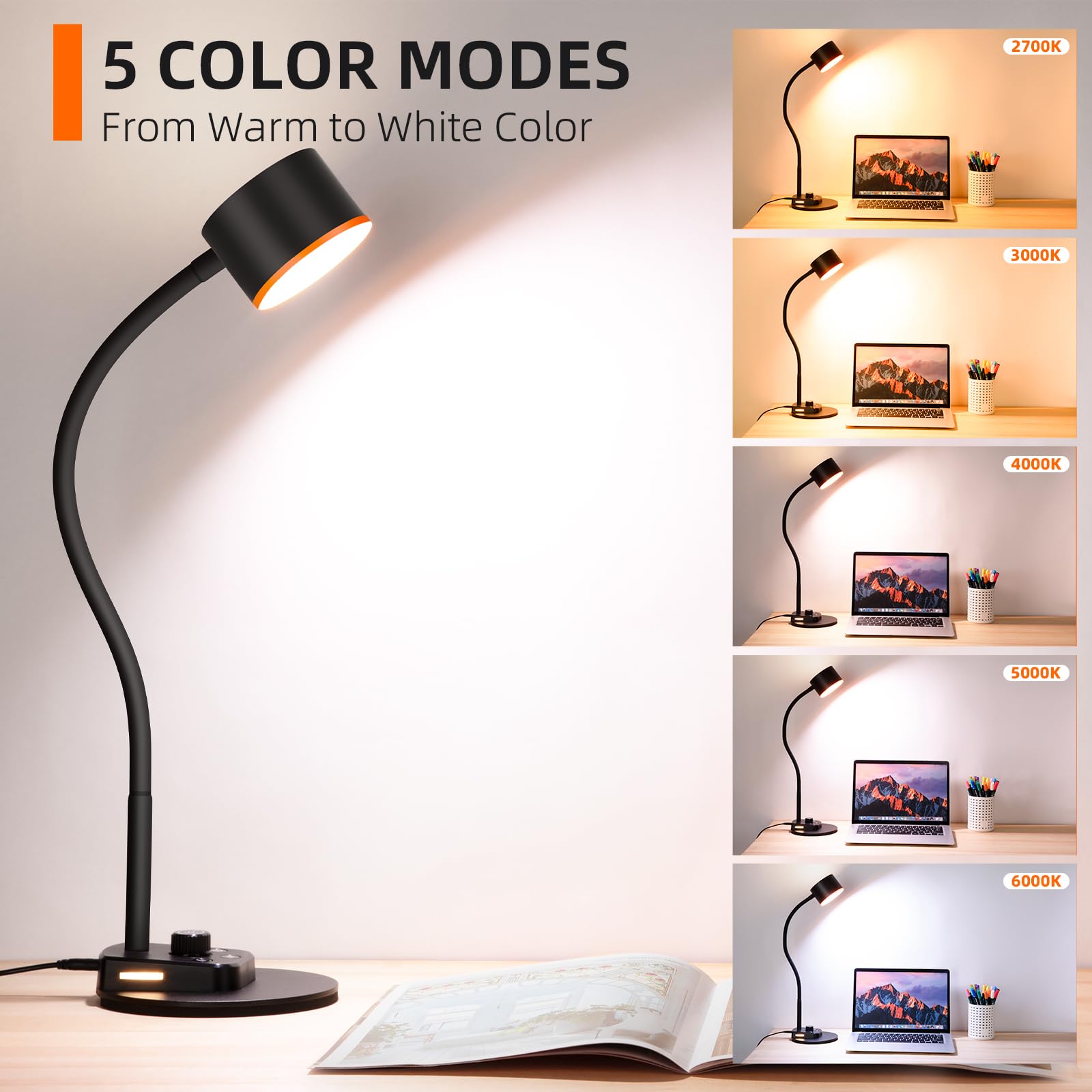 LiFMIRA LED Desk Lamp with USB C/A Ports, Dimmable Eye Care Reading Light, Gooseneck Design, Black, Model LA-2USB01