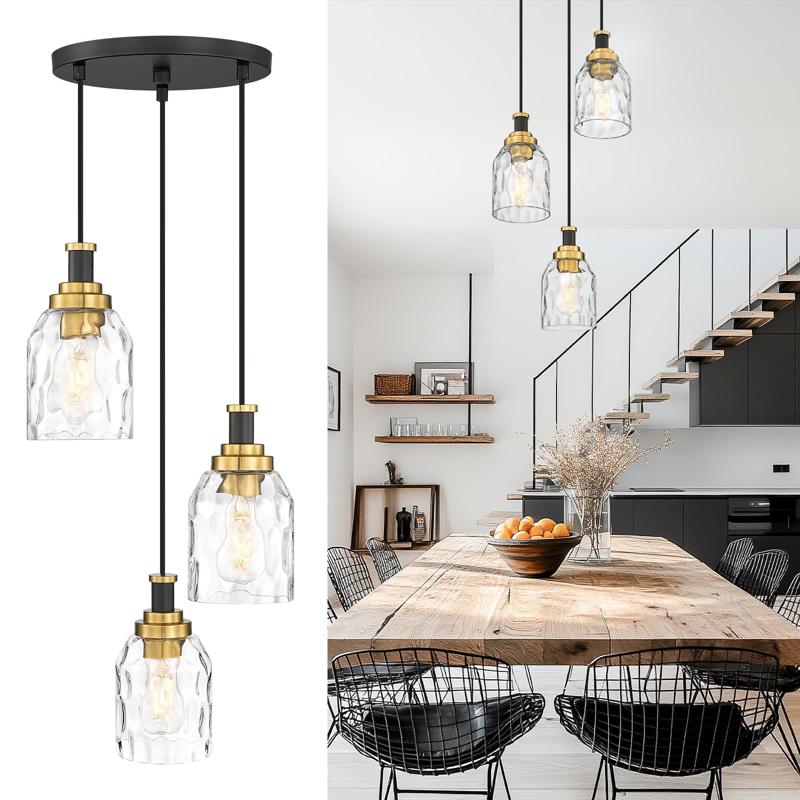 zeyu Adjustable Modern Cluster Pendant Light for Kitchen Island, 3-Light Pendant Lighting, Black and Gold Finish with Water Ripp