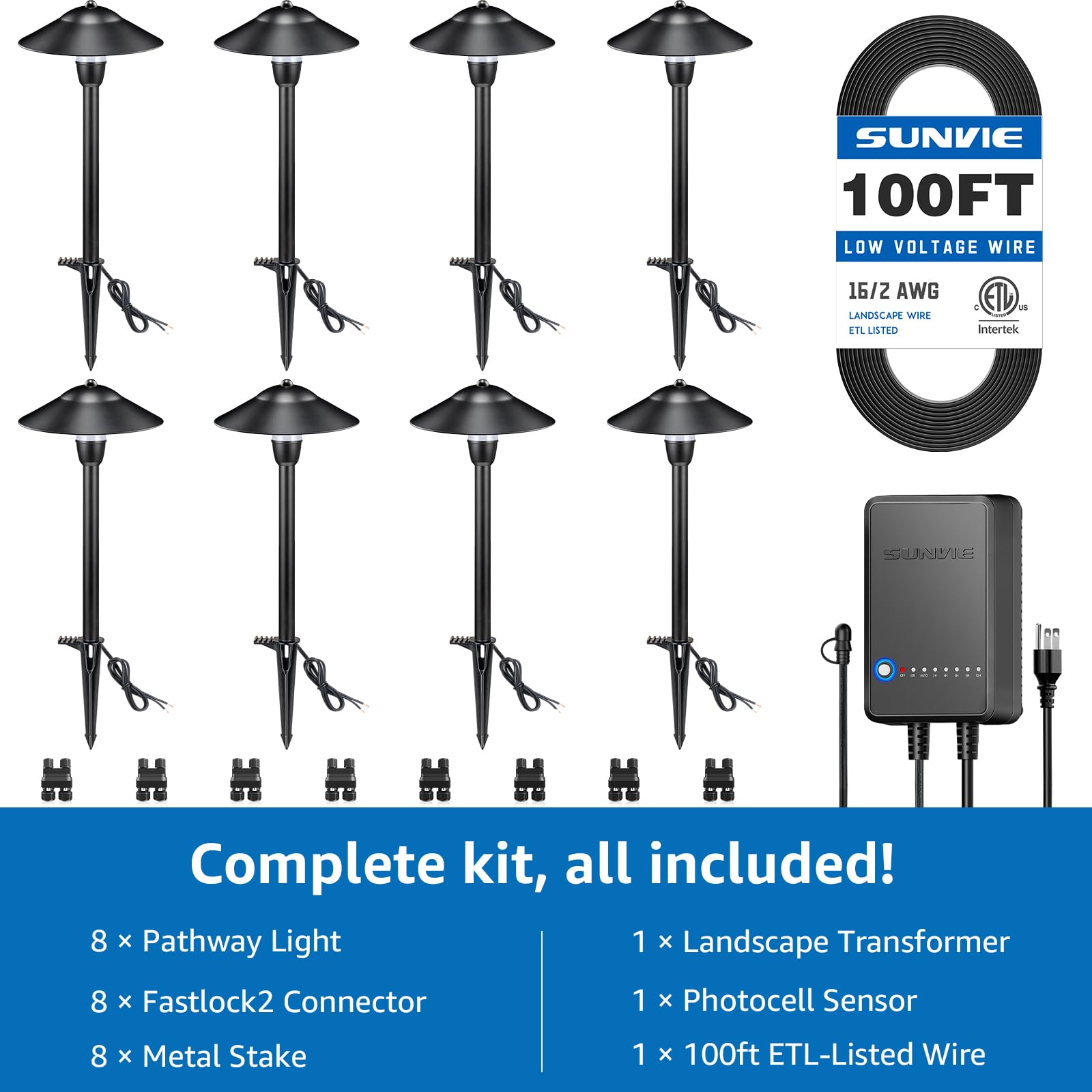 Sunvie 8-Pack Led Pathway Lights, 3000K Warm White, Low Voltage Landscape Lighting Kit