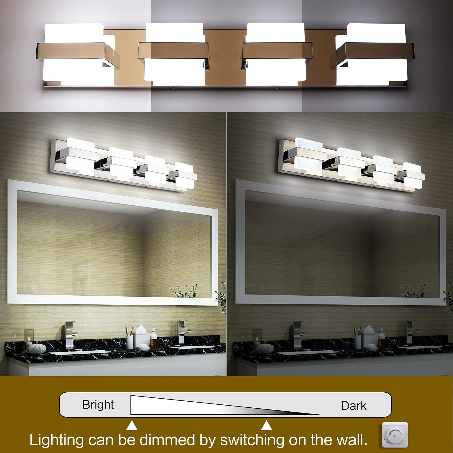 SOLFART 4-Light Chrome LED Bathroom Vanity Light, 27" Dimmable Acrylic Fixture, Modern White Light, Model 7248-4T-WHL