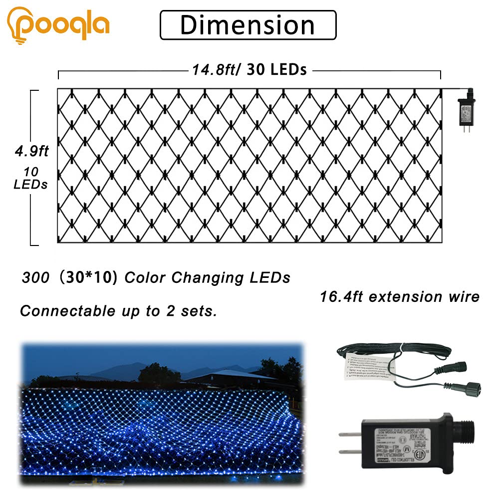 Pooqla Net Lights, 300 LED Christmas Outdoor Mesh Light, 14.8x4.9 ft, Green Wire, Waterproof, Blue