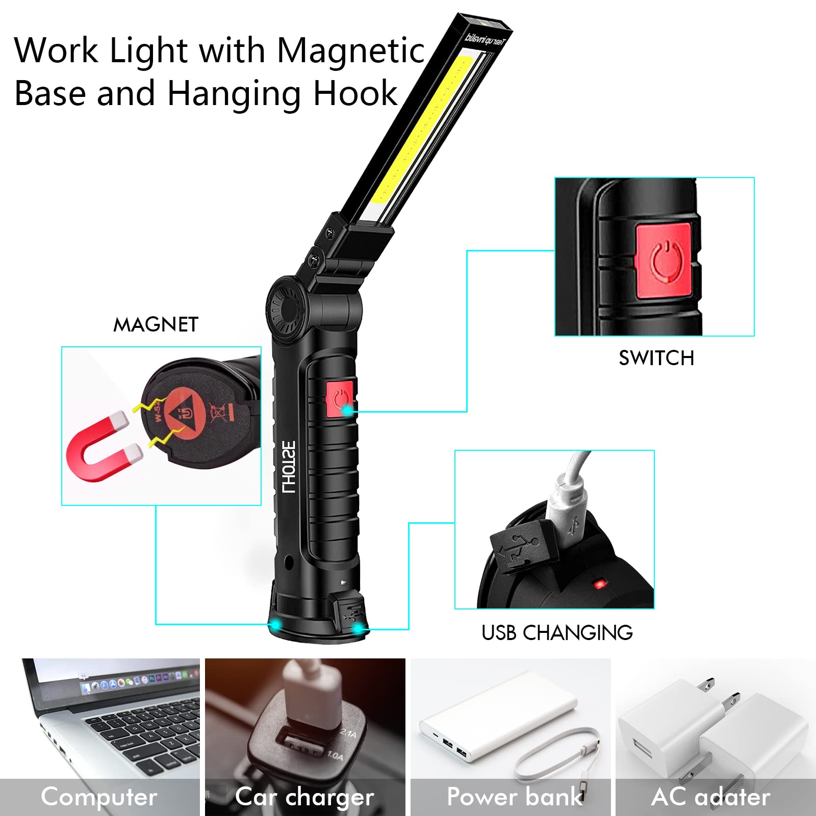 Rechargeable Work Lights, Led Work Light With Magnetic Base & Hanging Hook, 360°Rotate 5 Modes Magnetic Rechargeable Flashlights For Mechanics Car Repair Home, Garage, Emergency, Camping (2 Pack)