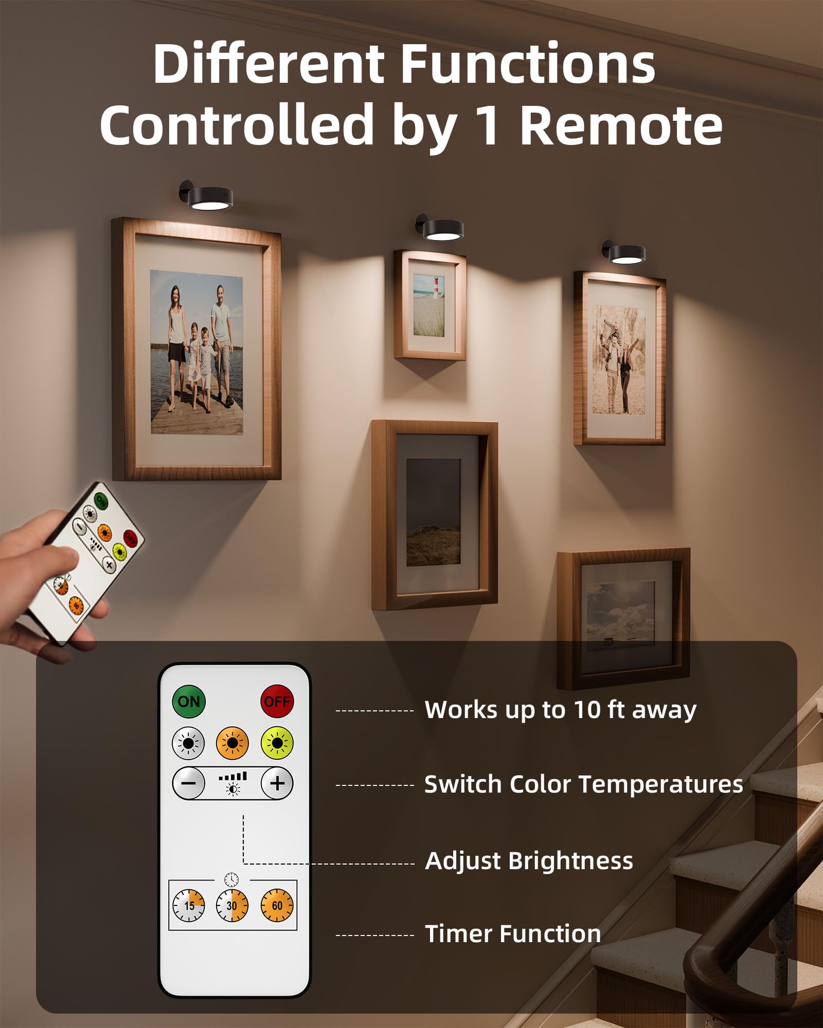 EZVALO LED Wall Mounted Lights, 3 Color Temps, Remote & Touch Control, 3 Pack, Black, Model EZL2404A