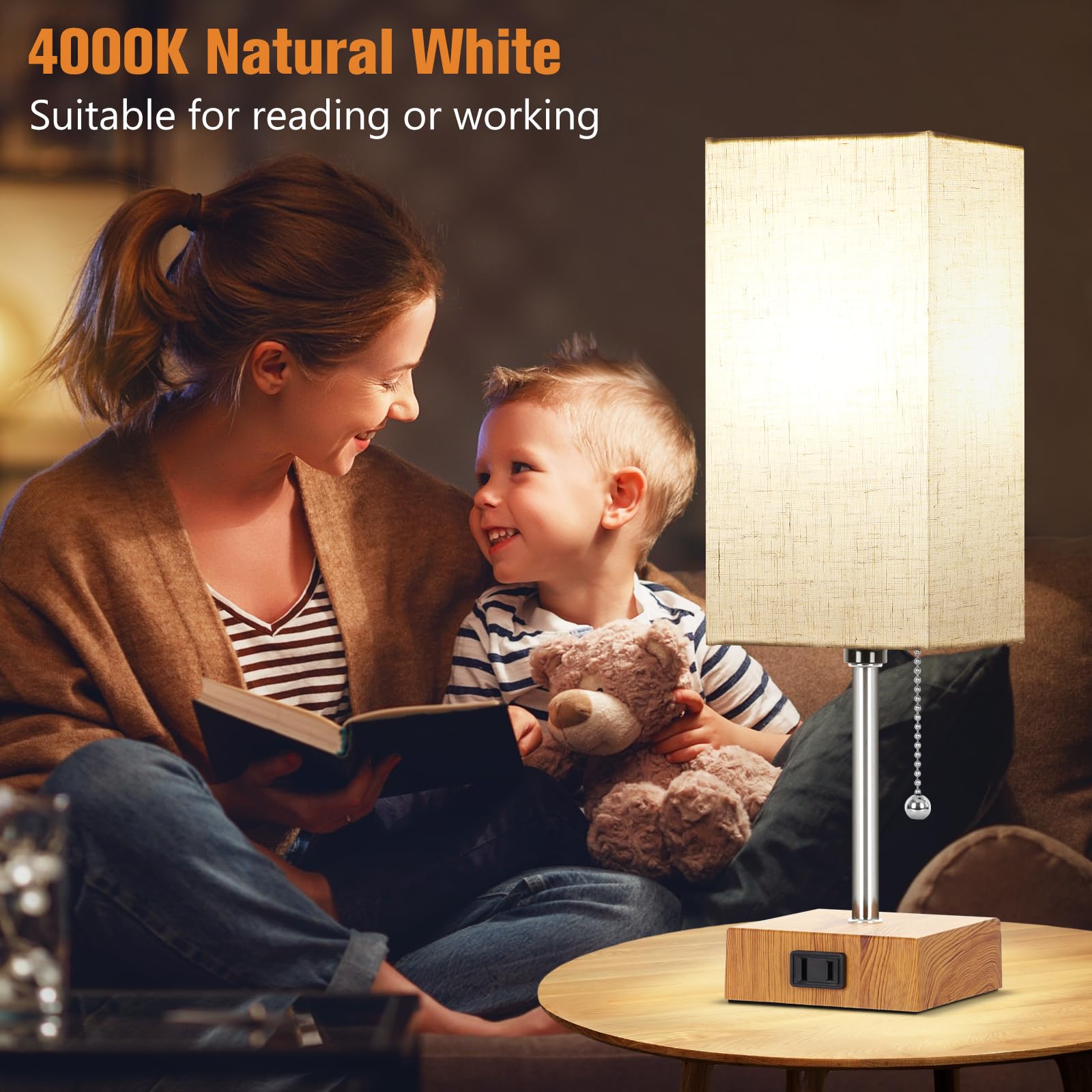 Plmmy Bedside Table Lamp For Bedroom Nightstand, 3 Color Nightstand Lamps Set Of 2 With Ac Outlets, Square Pull Chain Bedside La