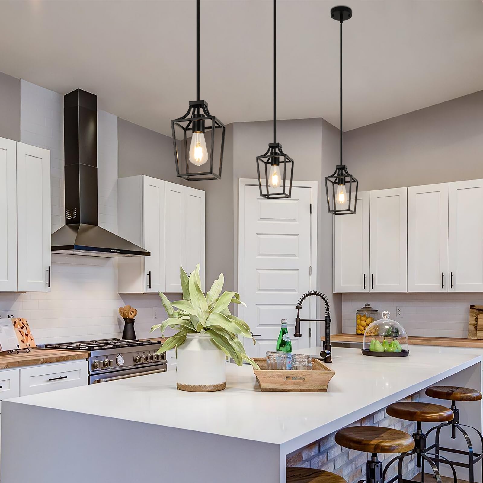 Foucasal Black Lantern Pendant Light Mini Pendant Lights For Kitchen Island Pendant Light Fixture, Adjustable Rods Farmhouse Pen