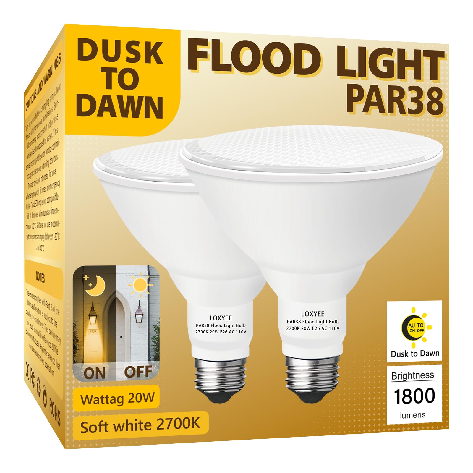 Loxyee 2 Pack Led Par38 Dusk To Dawn Flood Light Bulbs Outdoor ,20W(200W Equivalent) E26 Base Flood Light Bulbs,2700K Daylight 1