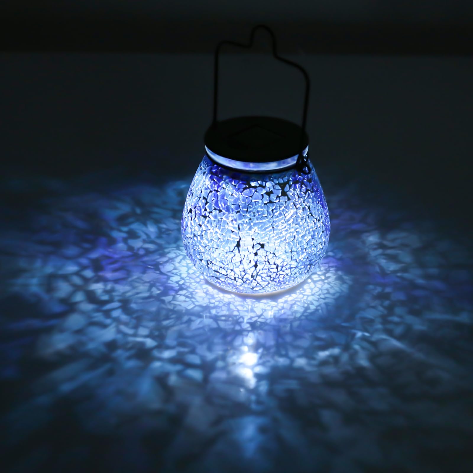 Afirst Mosaic Solar Lantern - Glass Hanging Light, Waterproof Table Lamp for Outdoor, Garden, Patio, Ice-Blue, Model 5038350B