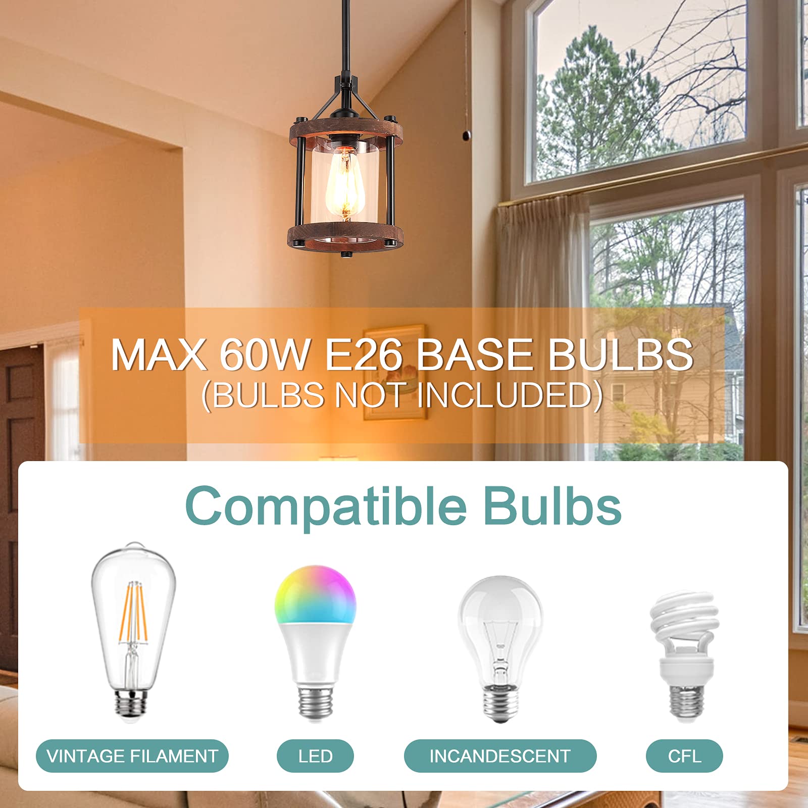 Sglfarmty Farmhouse Pendent Lights In Kitchen Island, Rustic Wood Pendant Light With Glass Shade, Bronze Entryway Pendant Lighti