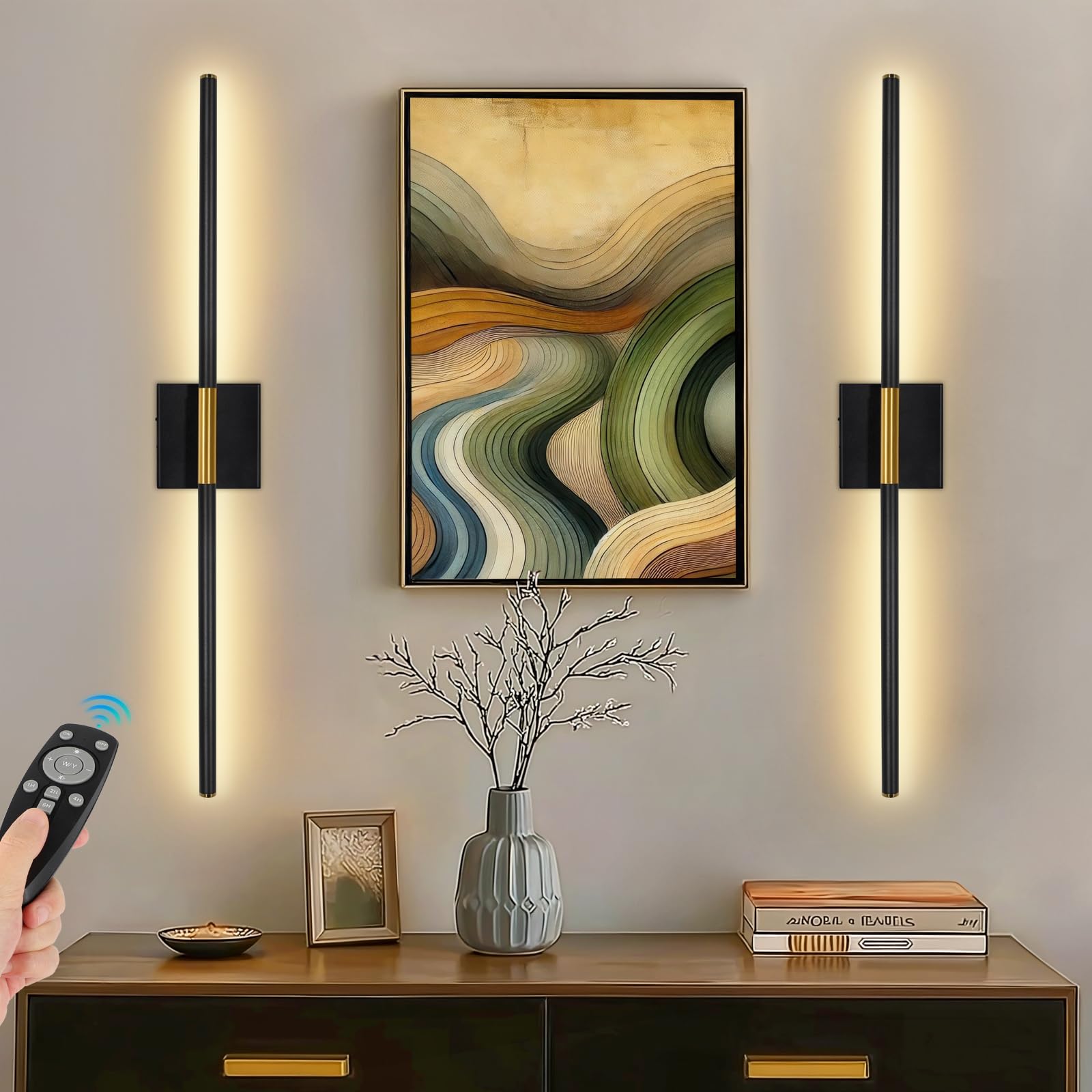 TaoFiaCo Battery Operated Wall Sconces Set of Two, Battery Wall Sconce with Remote Control, Black Gold Modern LED Rechargeable W