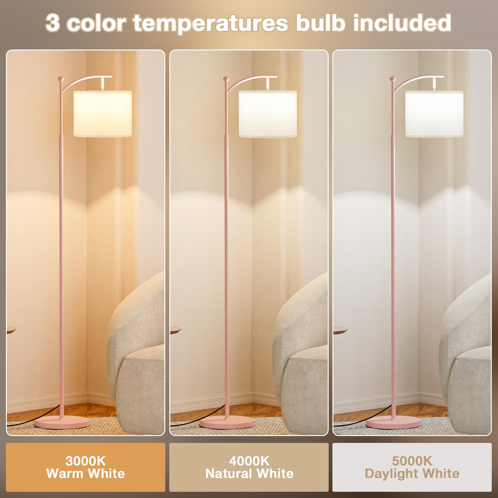 60'' Floor Lamps For Living Room With 3 Color Temperatures, Adjustable White Shade With Pink Pole, Tall Lamps For Living Room Be