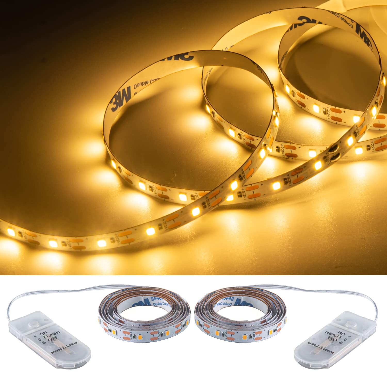 JUNWEN Short LED Strip Lights, Battery Powered, Warm White, 3.28ft, 2 Pack, Flexible Fairy Lights for DIY and Party Decorations