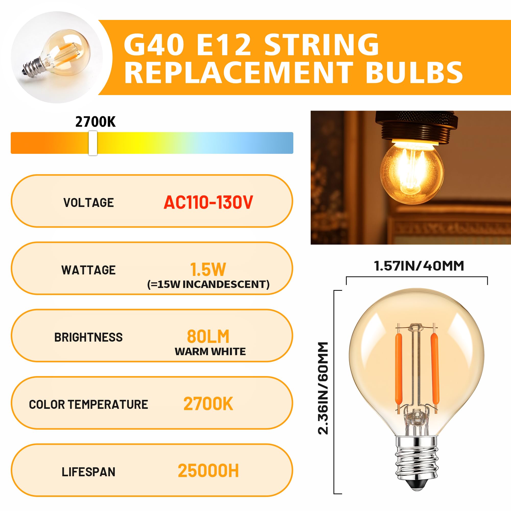 25Pack G40 Amber Glass Led Replacement Bulbs, 1.5W Equivalent 15W E12 Screw Base Shatterproof Globe Light Bulb For Indoor & Outd