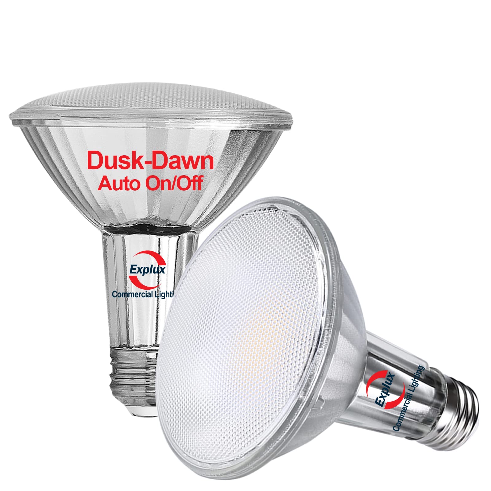 Explux PAR30 Dusk to Dawn LED Outdoor Flood Light Bulbs, 75W Equivalent, Photo Sensor Control Auto Dusk-Dawn On/Off, Full-Glass