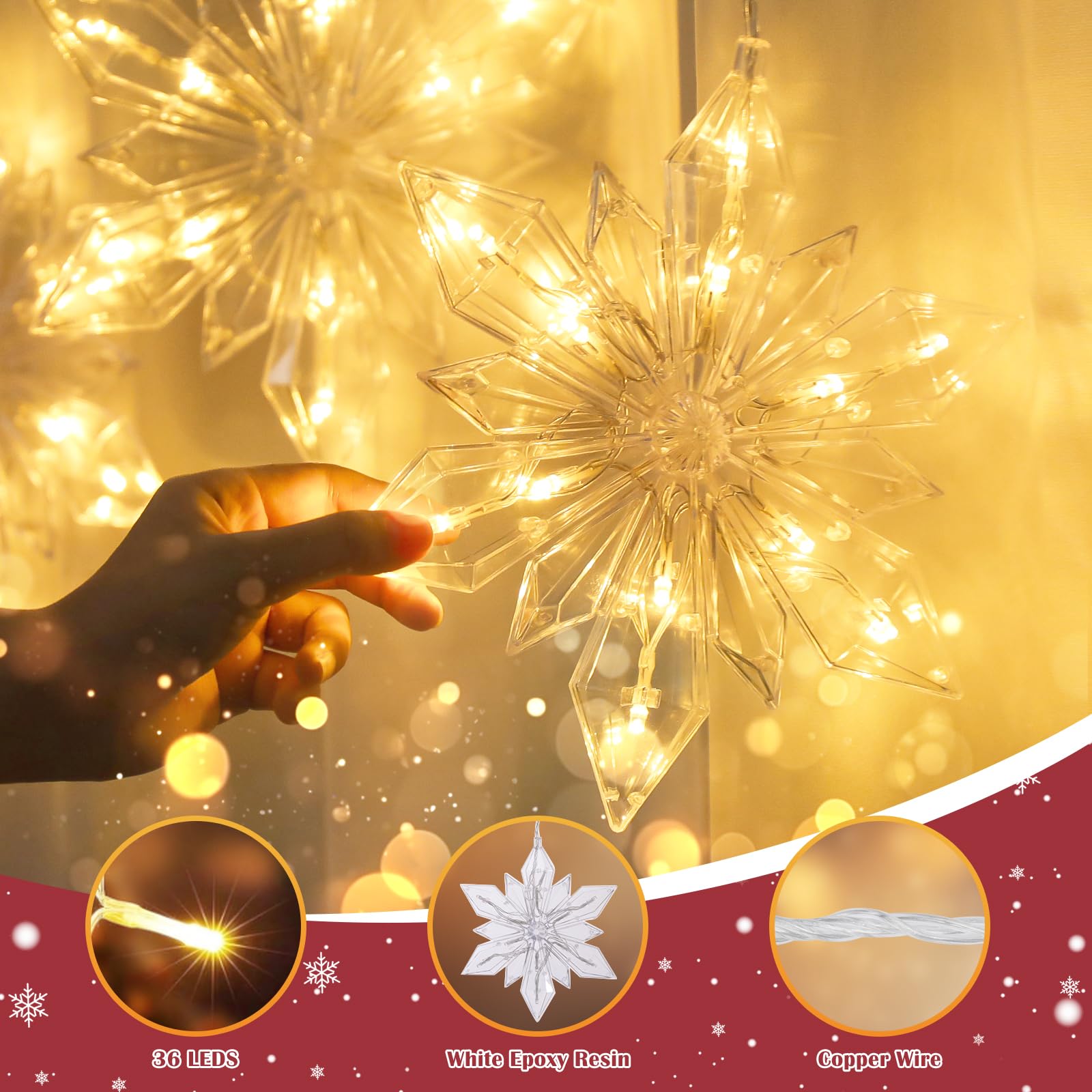 Quntis 34'' Christmas Snowflakes Window Lights Battery Operated, 3 Pack 36 LEDs Snowflake String Lights with Timer Memory, 8 Twi