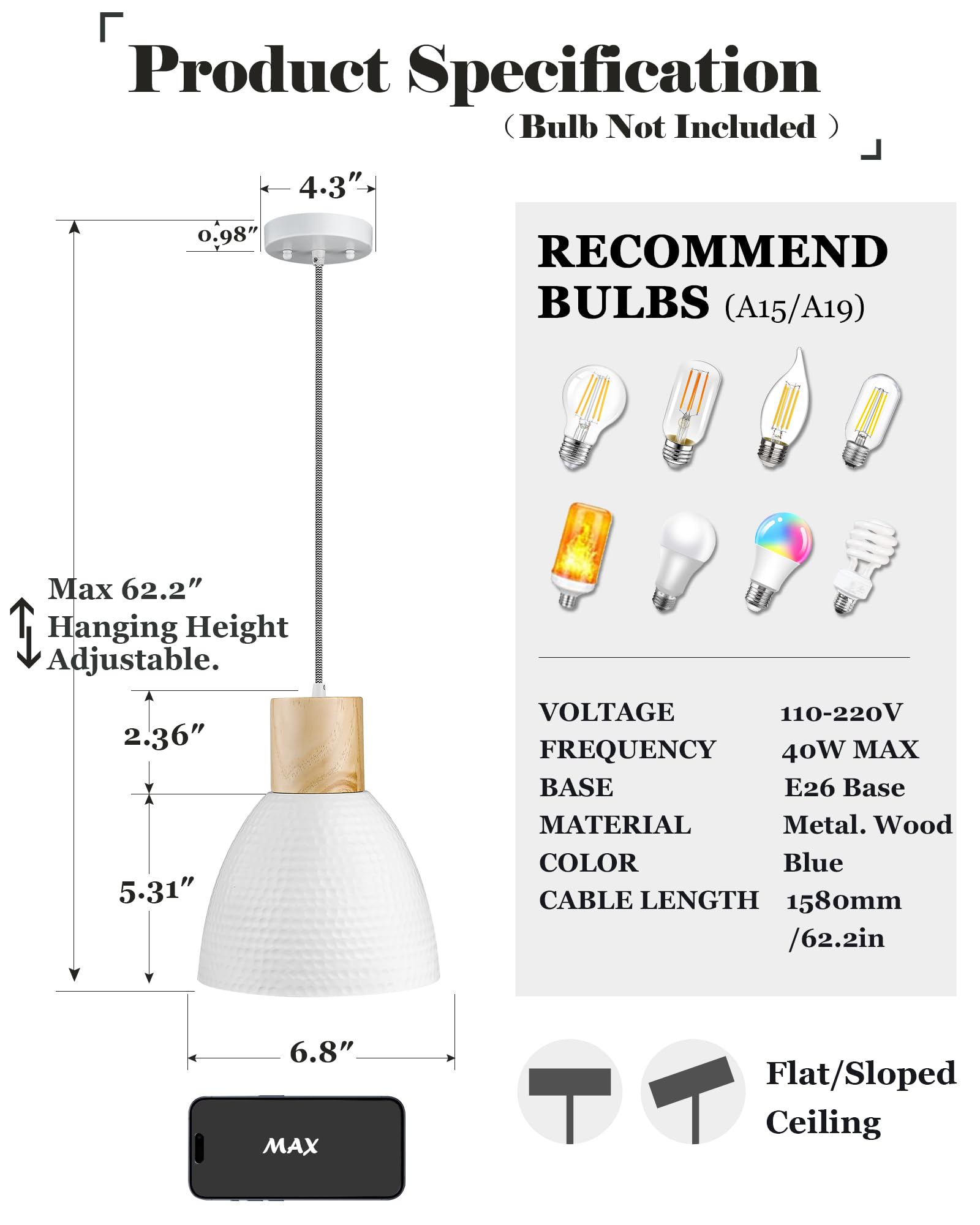 Elyona 3 Pack White Hammered Pendant Lights - Nordic Solid Wood Fixtures For Kitchen & Dining