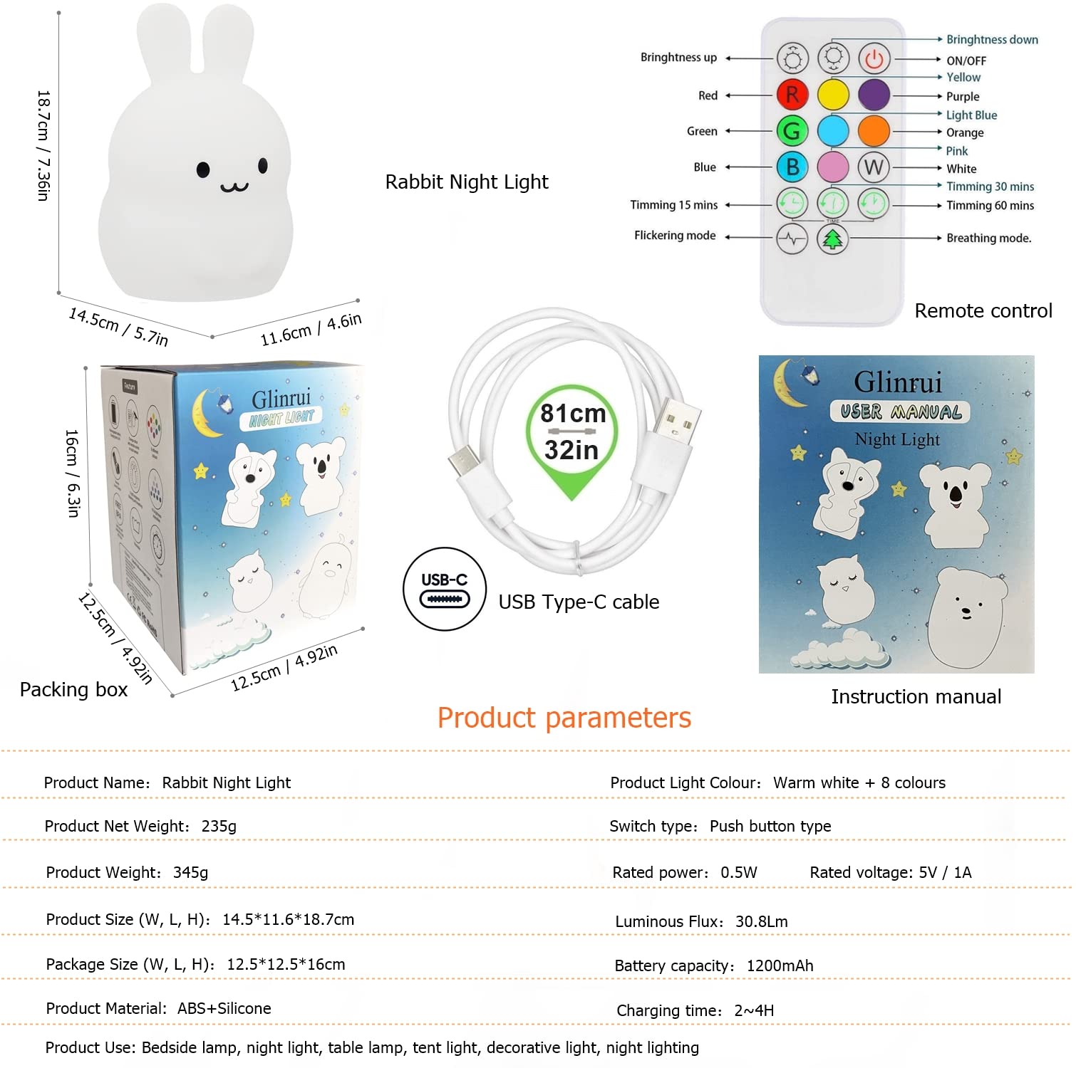 Glinrui Large Rabbit Night Lights For Kids In Silicone, 9 Colors Baby Bedroom Lighting Children Bedside Table Lamps For Toddlers/Boys/Girls/Adults/Bedroom/Student/Elder/Bathroom/Outdoor - Large