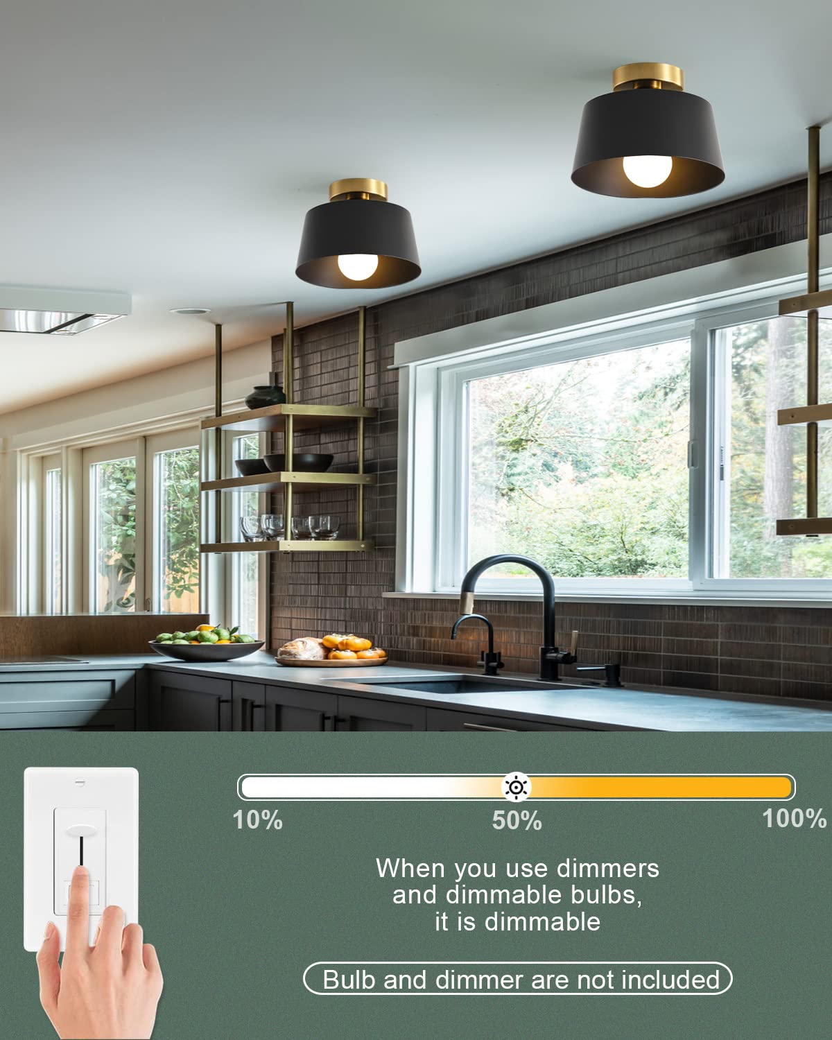 Lhlyclx Modern Ceiling Light Fixture, 3 Pack Black With Gold Plate, Matte Black Shade, Semi Flush Mount