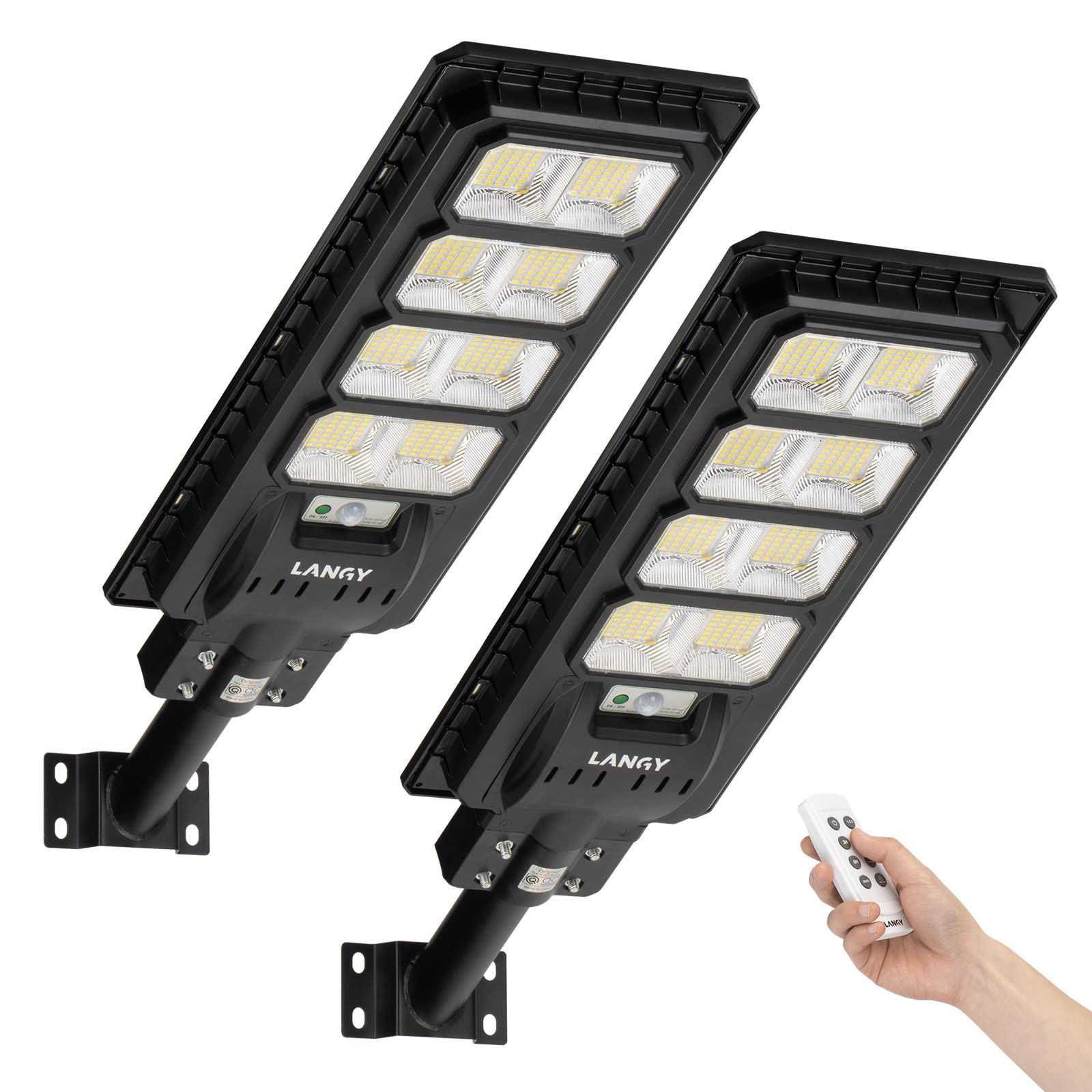 Langy 2Pack Solar Street Lights 20000 Lumens, Dusk To Dawn, Remote Control, Ip65 Waterproof