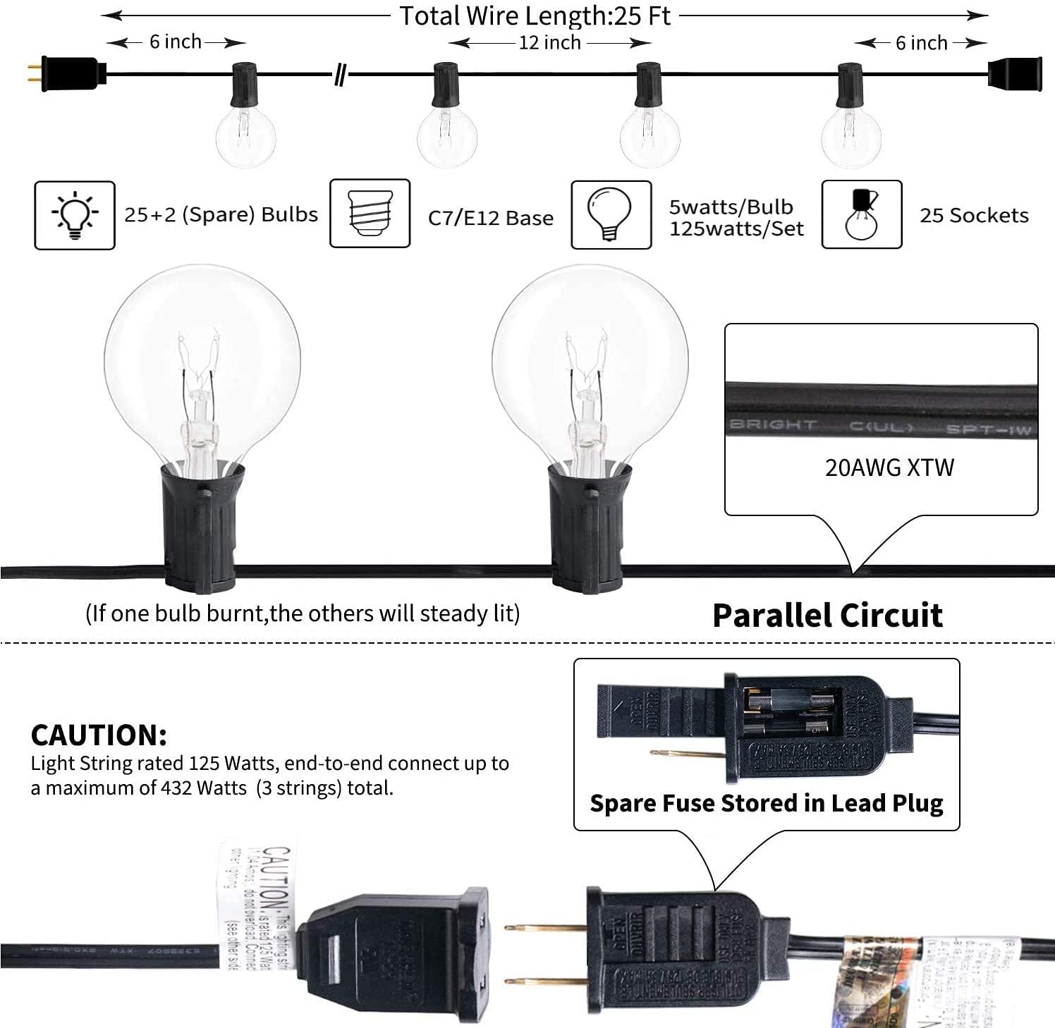 GOOTHY G40 Outdoor Globe String Lights, 25FT, Black Wire, 27 Incandescent Bulbs, UL Listed for Indoor Outdoor Use