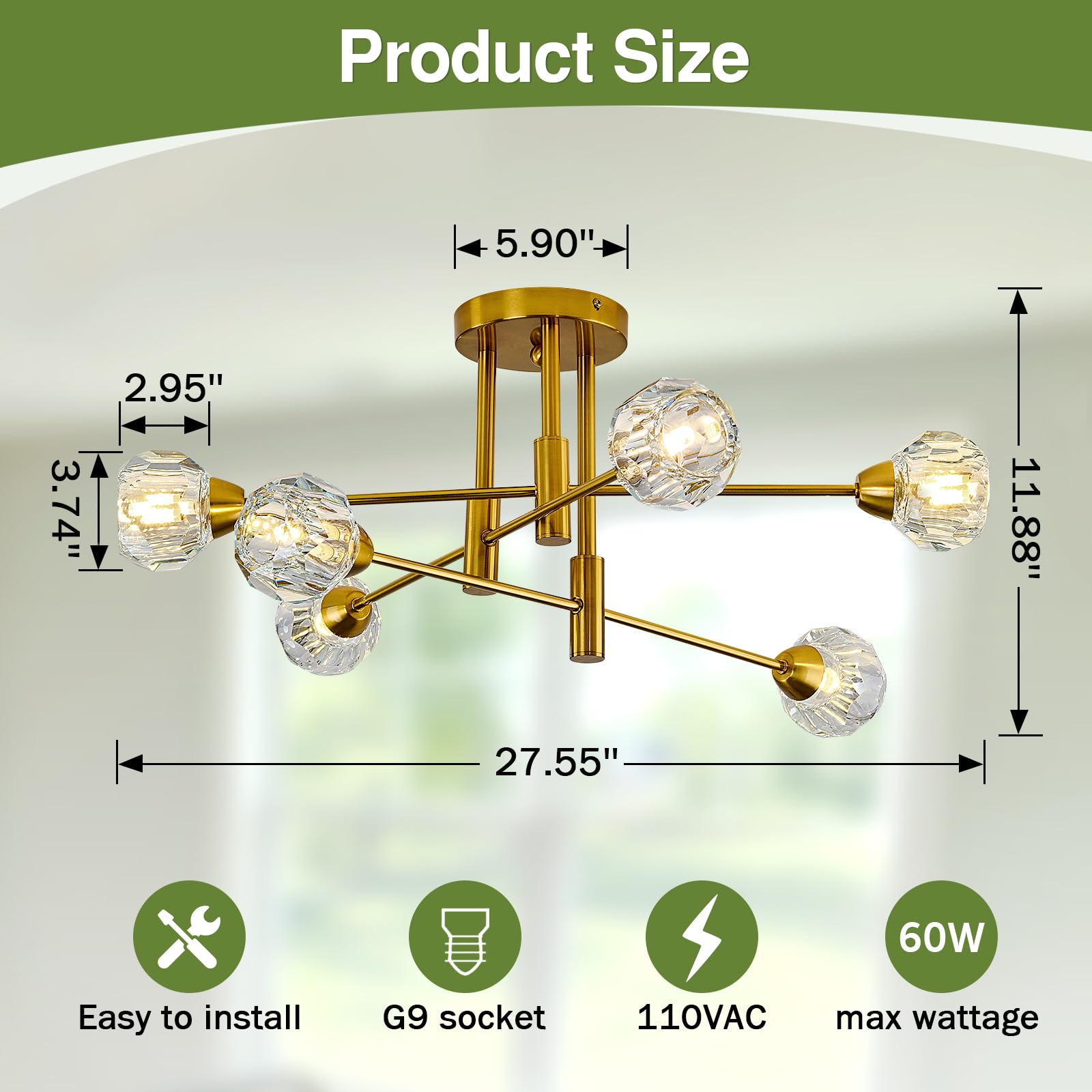 Szxykeji 6-Lights Glass Sputnik Chandelier Vintage Flush Mount Ceiling Light Fixture Gold Farmhouse Lighting For Dining Room Living Room Bedroom Kitchen Passageway.