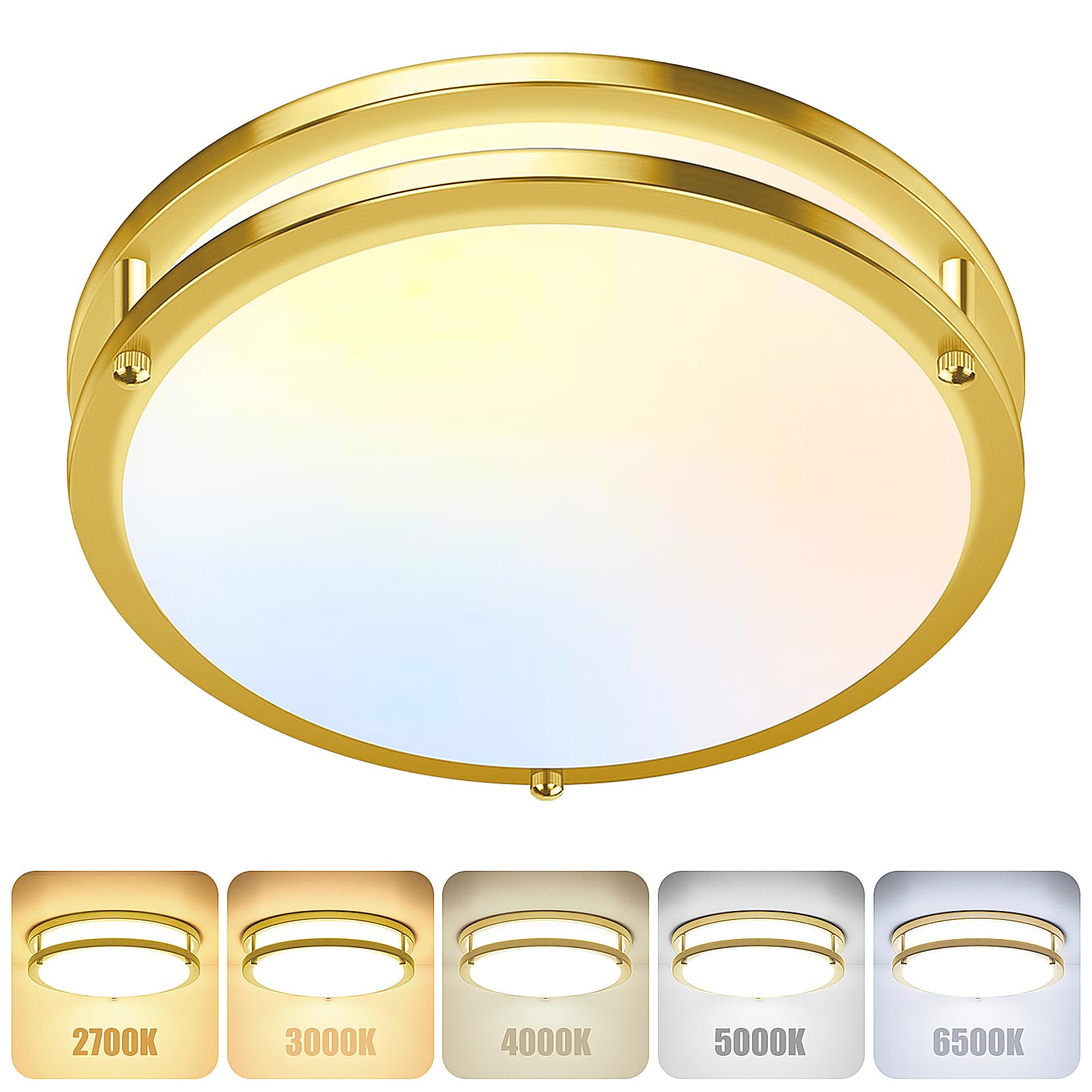 36W LED Ceiling Lights for Bedroom Kitchen, 12 Inch 3600lm Super Bright Dimmable Gold Flush Mount Light Fixtures, 2700K/3000K/40