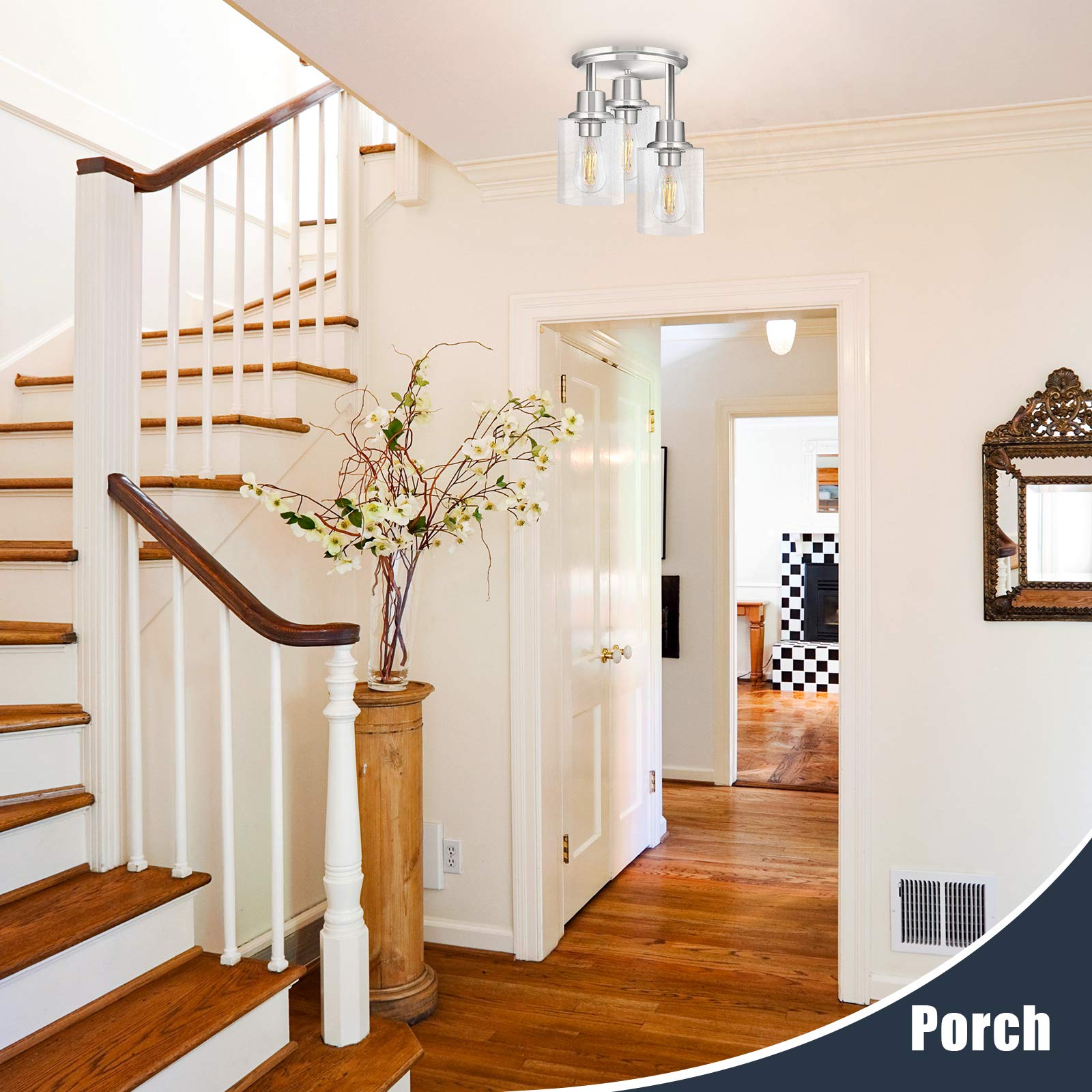 ROTTOGOON Semi Flush Mount Ceiling Light, 3-Light Fixture, Brushed Nickel Finish, Clear Seeded Glass Shade, Silver