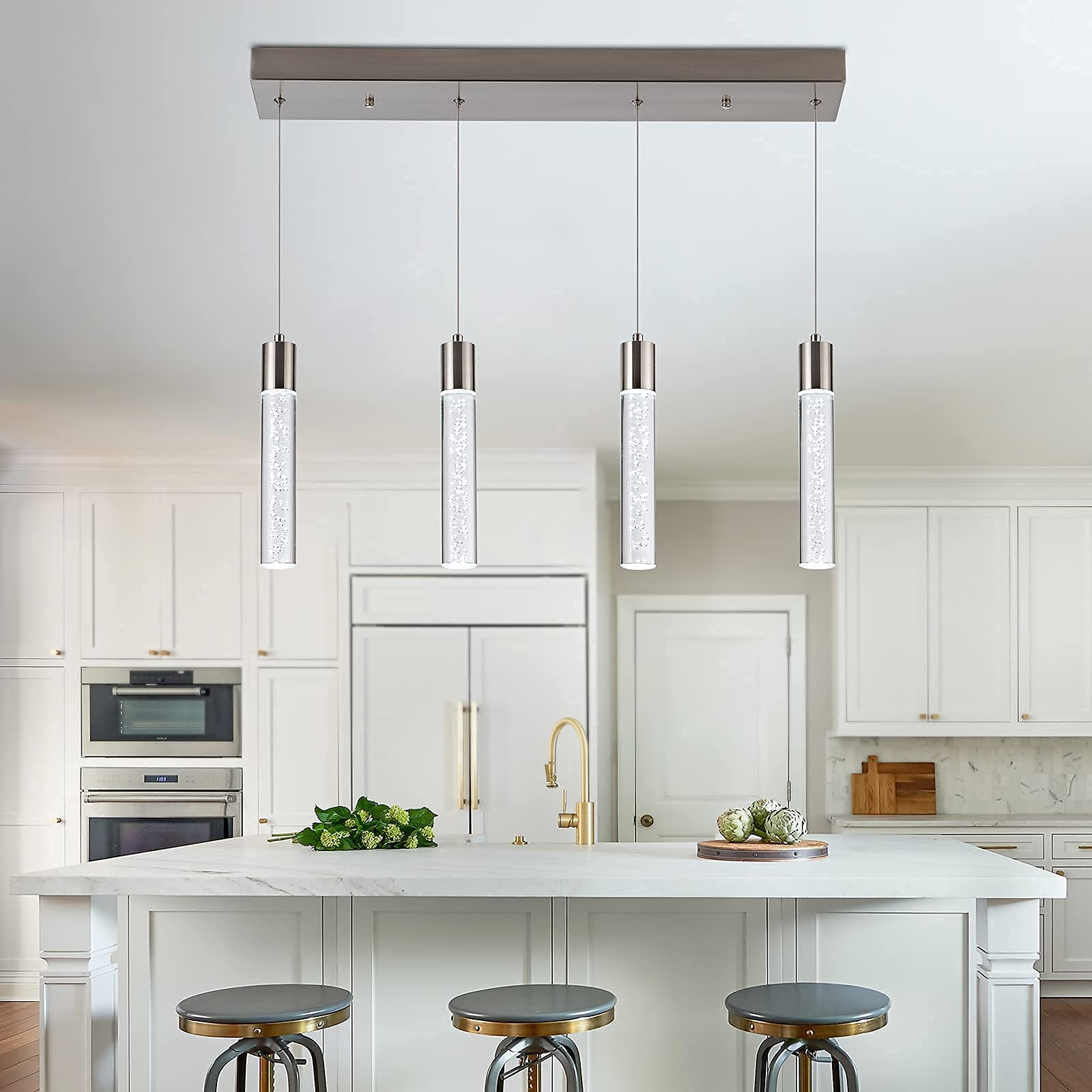 votag 4-Light Pendant Light Fixture, Nickel Aluminum, 32W Modern LED Lighting for Kitchen Island, Model A174, Crystal Bubble Design