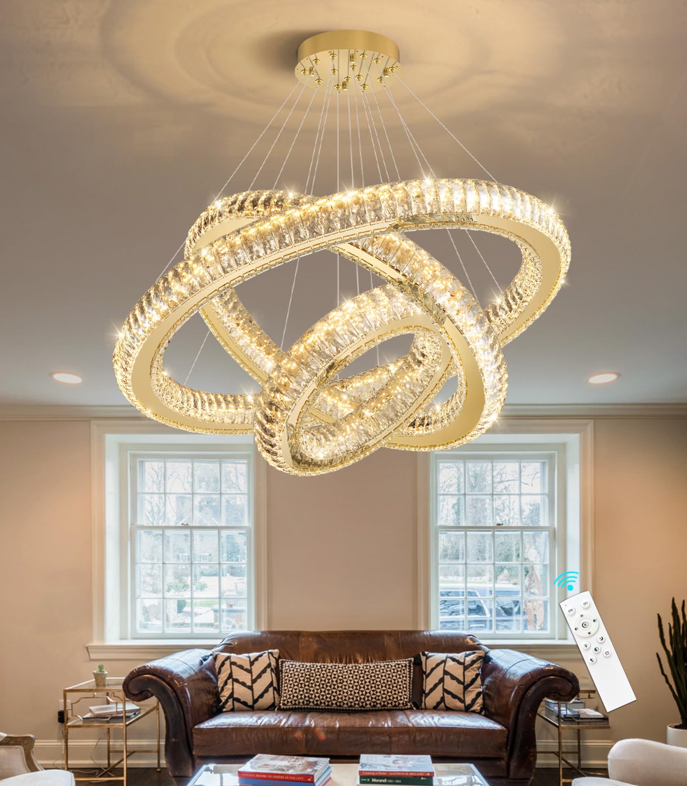 HAIXIANG 3 Rings Chandelier Modern Dimmable High Ceiling Large Ring Chanderliers Entryway Crystal Pendant Lights for Entryway Foyer Living Room Gold Light