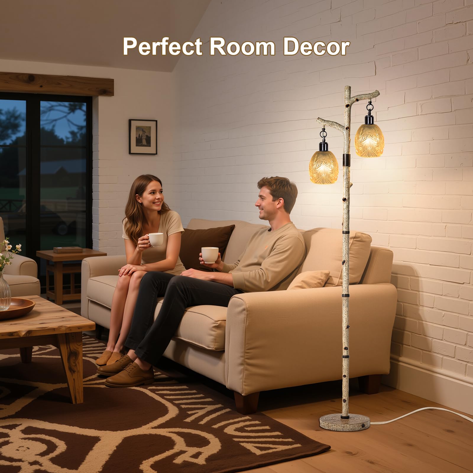 Scenekoy Retro Floor Lamp 68.5” Tall, Dimmable Resin with Carving Shade, Light Gray - Model SL018-2 for Living Room & Bedroom Decor