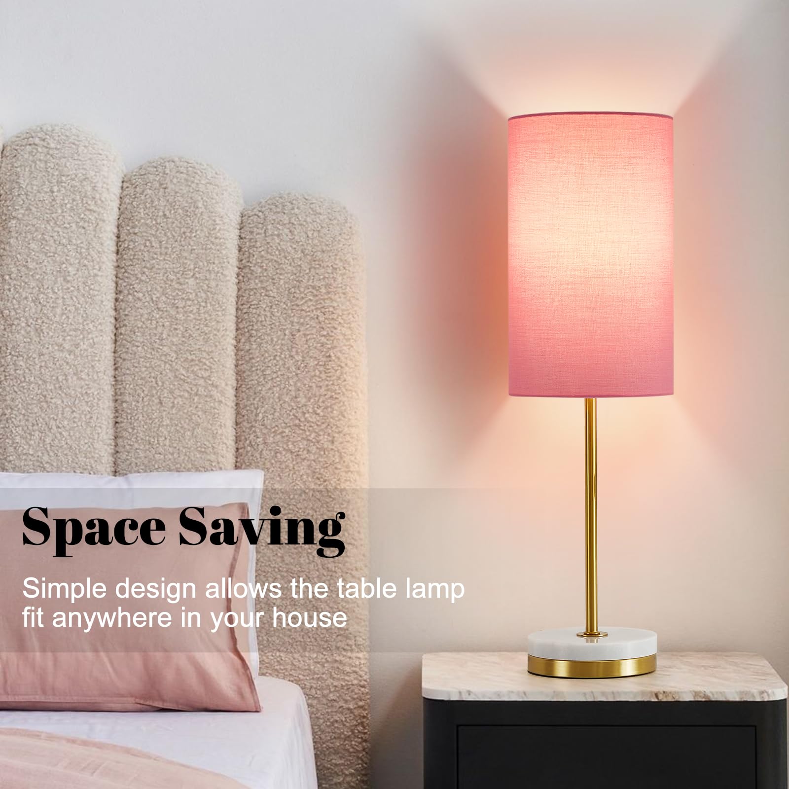 Luvkczc Minimalist Table Lamp Set of 2, Metal & Fabric, Pull Chain, Marble Base, Pink & Gold, Model 066